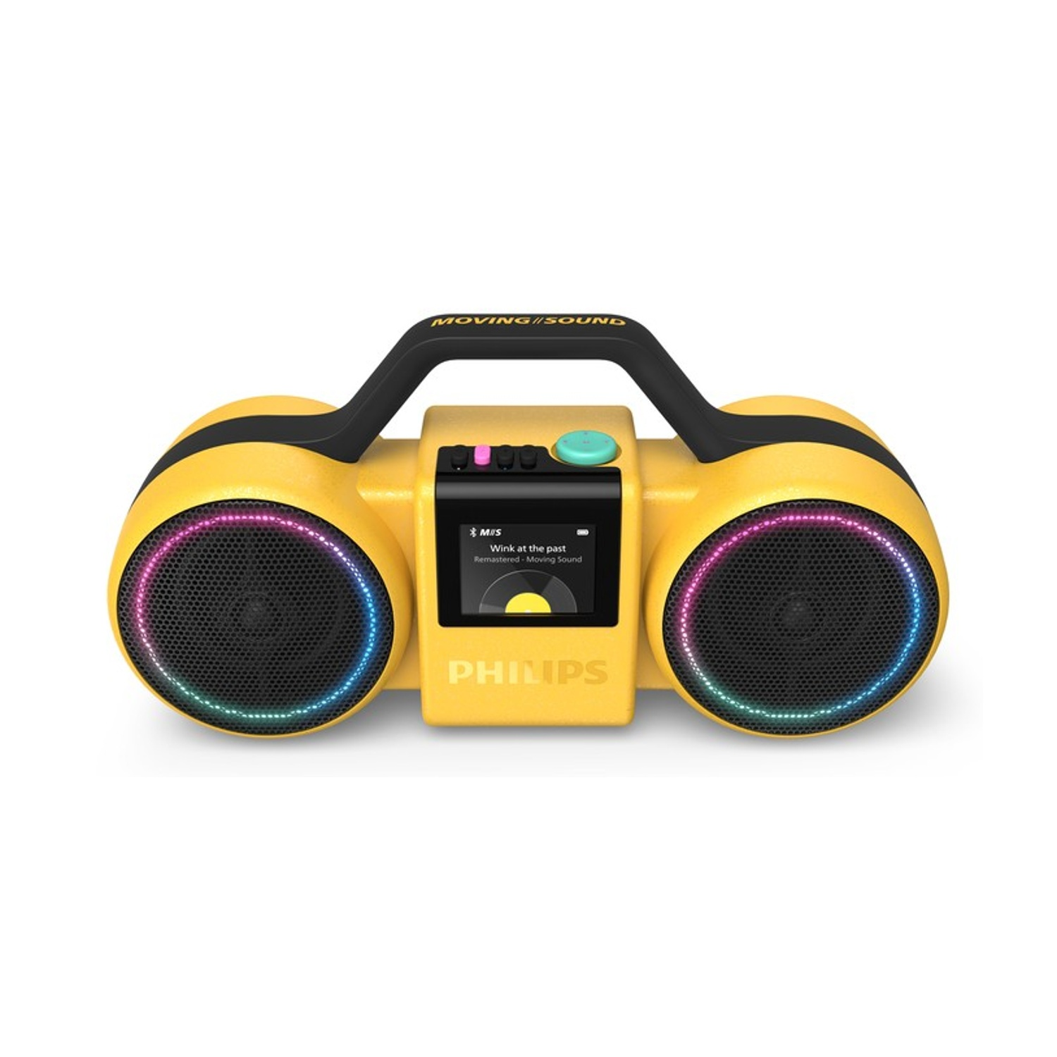 Boombox giallo con manico nero, altoparlanti illuminati e display.