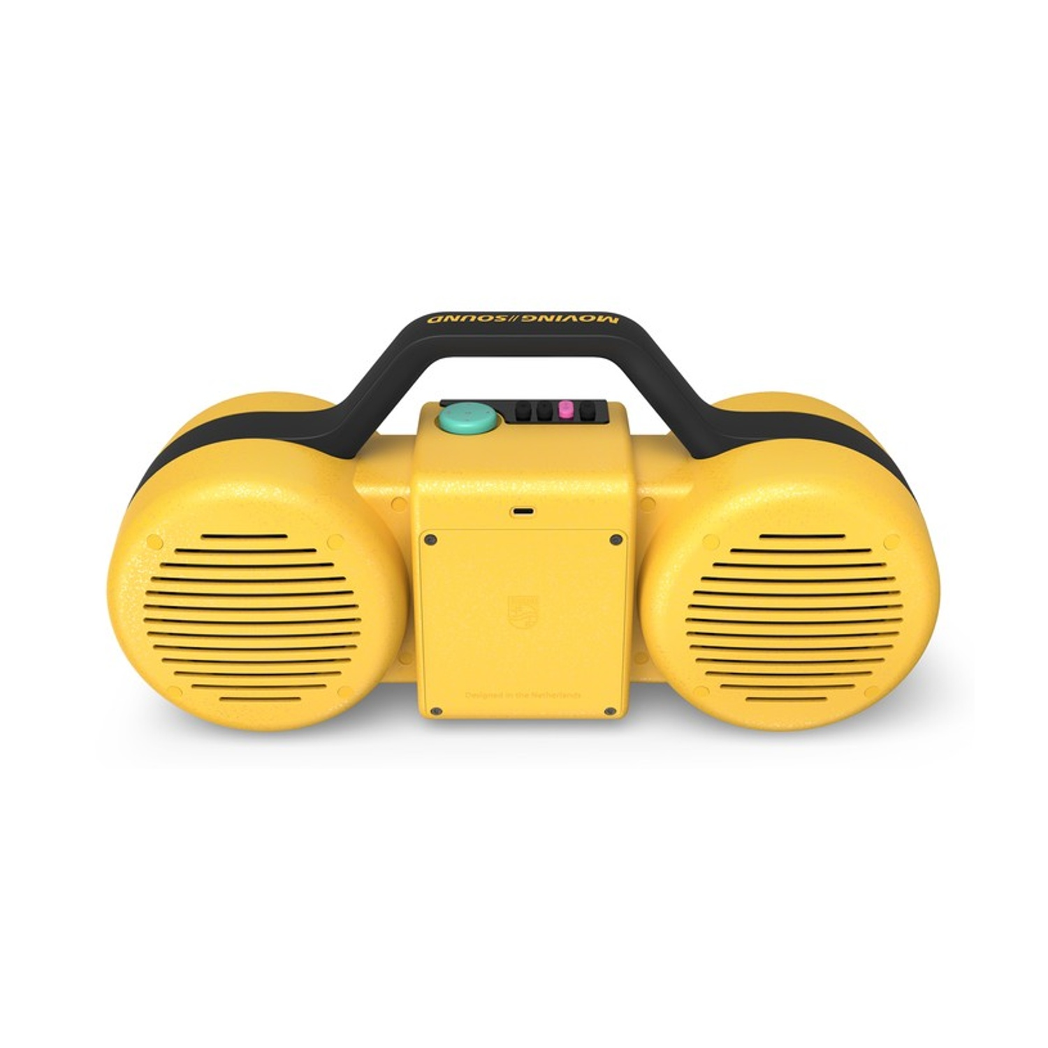 Uno speaker portatile giallo con manico e controlli neri.