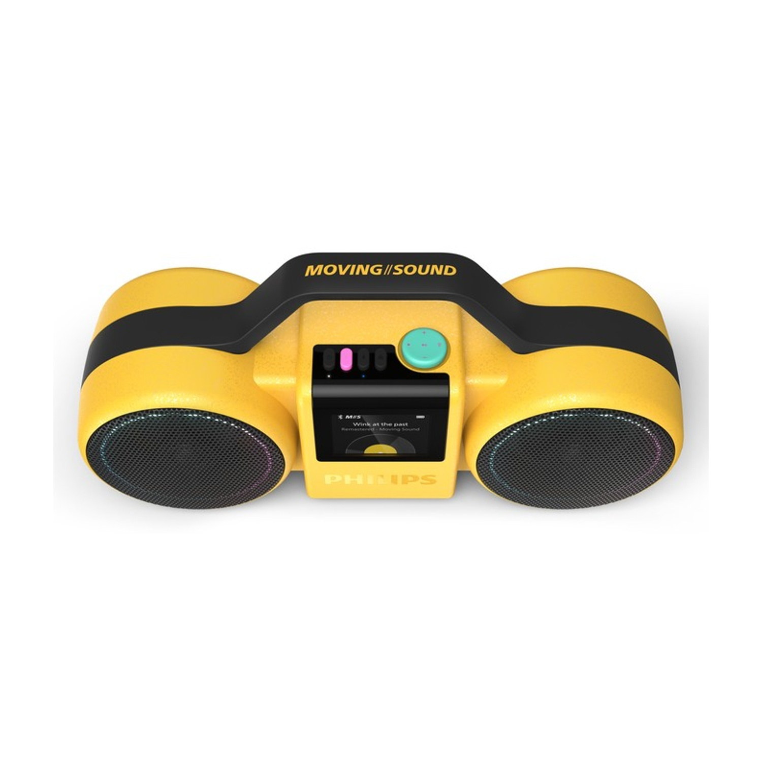 Altoparlante portatile giallo con manico nero e display.