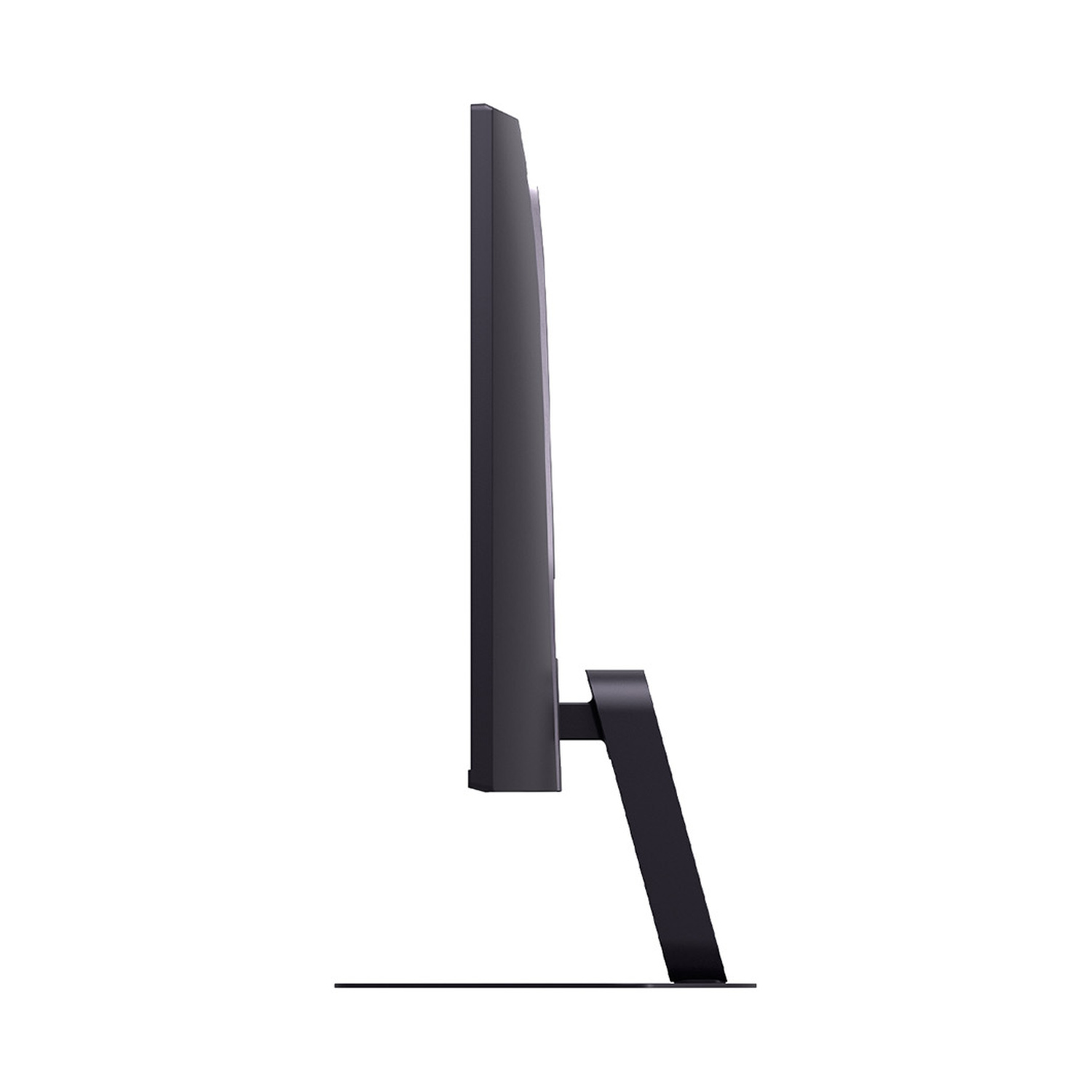 Un monitor per computer nero visto di profilo con un supporto elegante.