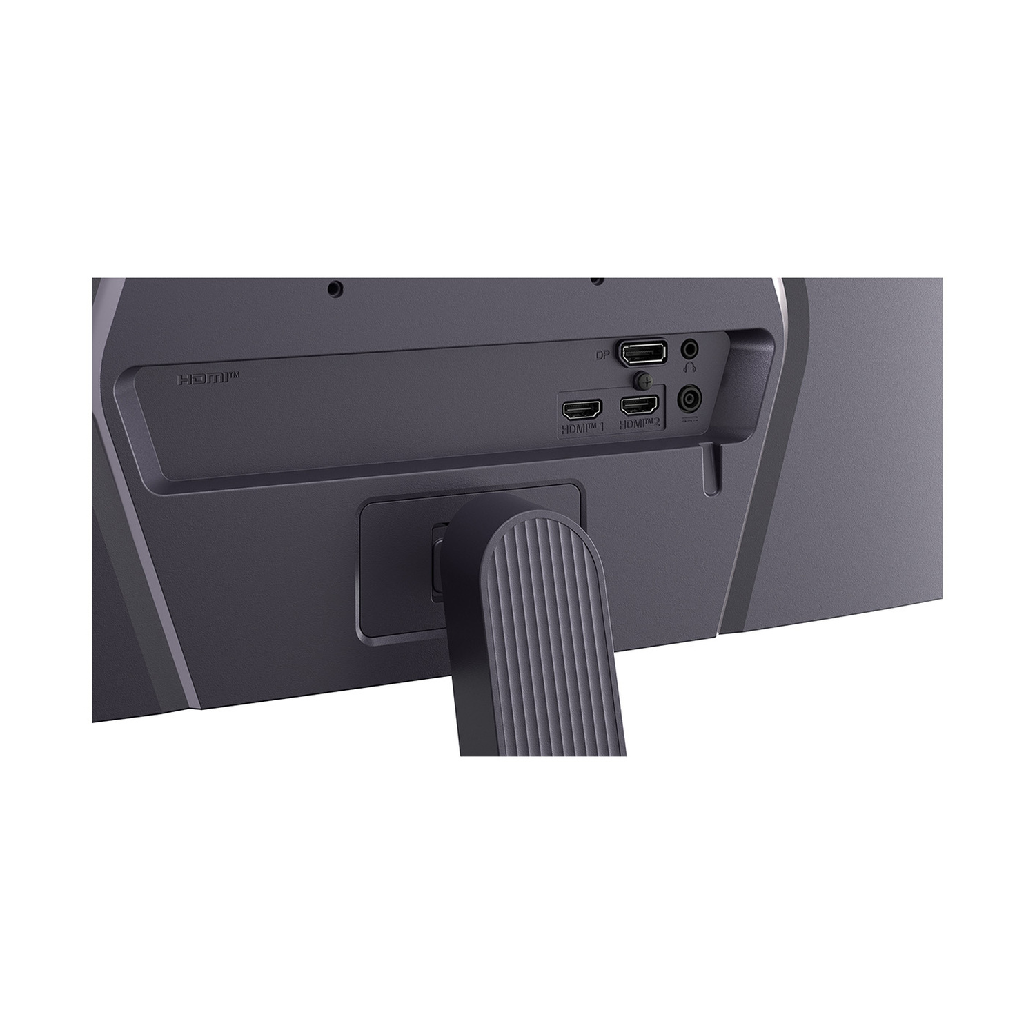 Retro di un monitor con porte: HDMI, DP, USB e jack per cuffie.