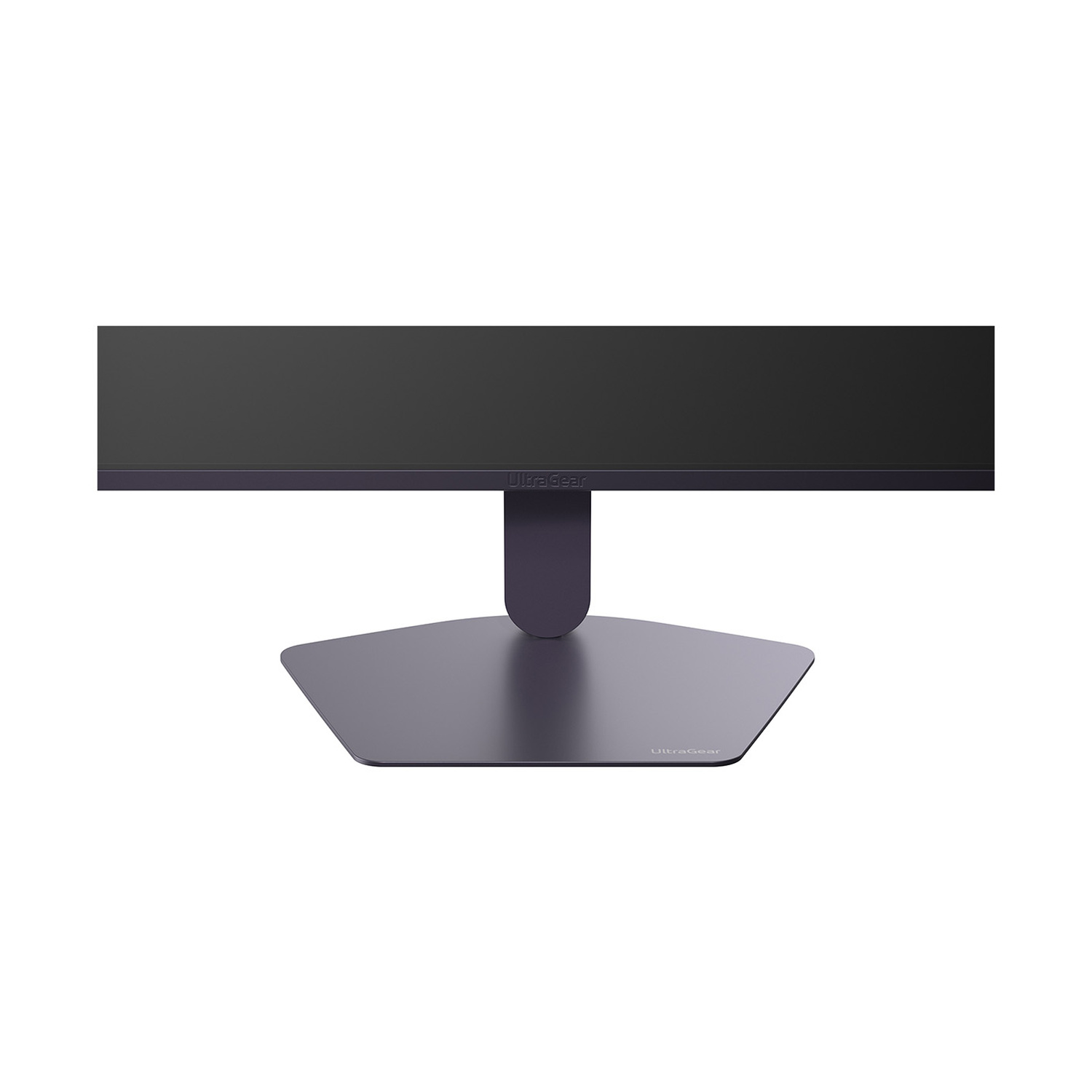 Un supporto per monitor scuro con una base larga e piatta.