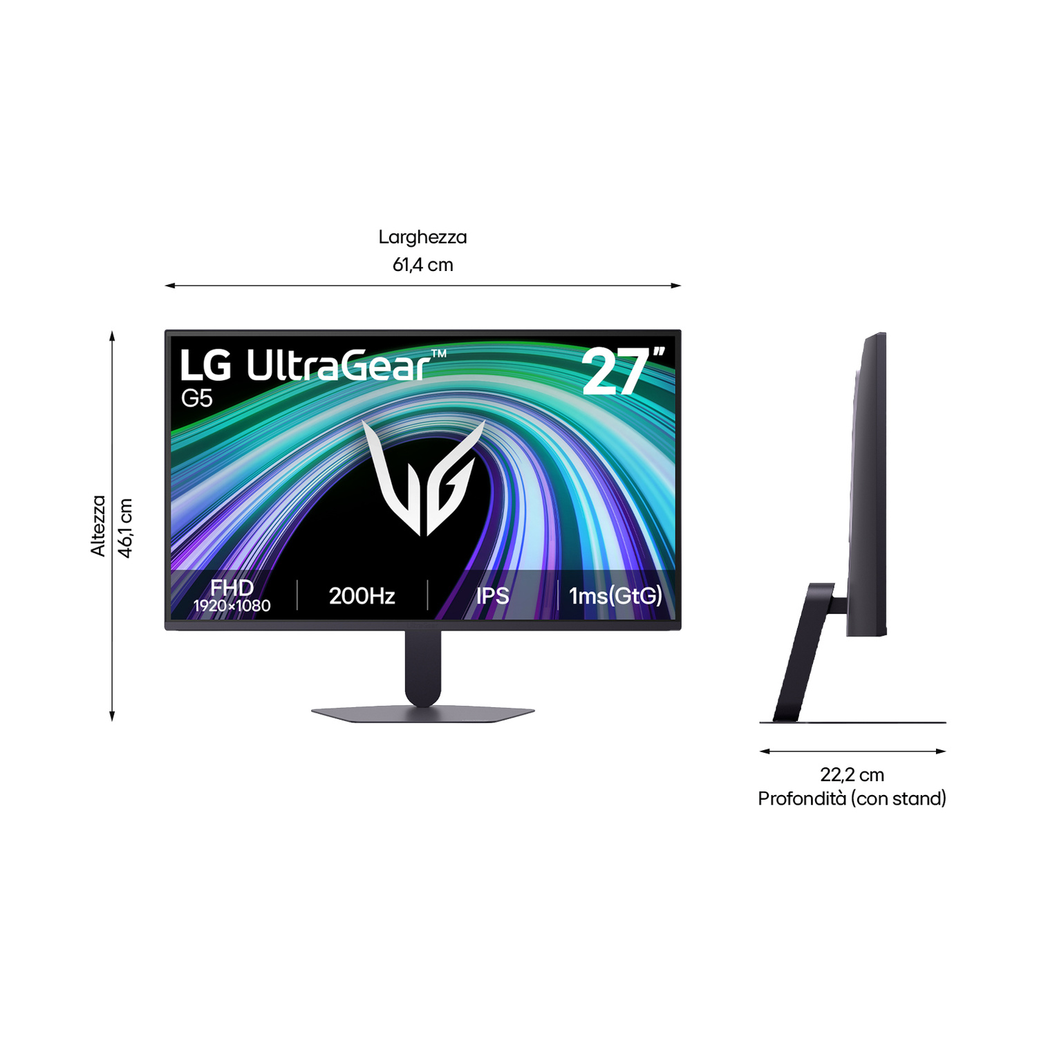 Un monitor LG UltraGear da 27" con display FHD, 200Hz, IPS, 1ms e dimensioni.