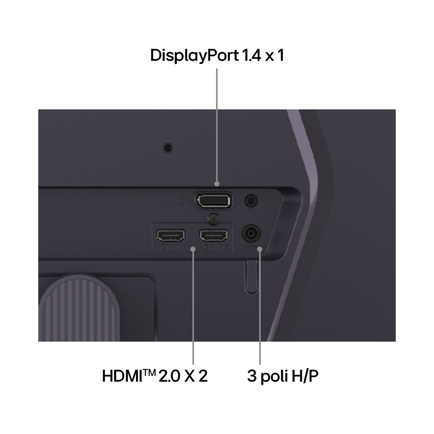 Retro di un monitor con porte: 1x DisplayPort, 2x HDMI 2.0, jack cuffie a 3 poli.
