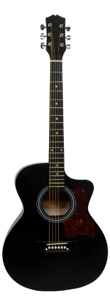 Czarna gitara akustyczna z sześcioma strunami i czarną maskownicą w jodełkę.