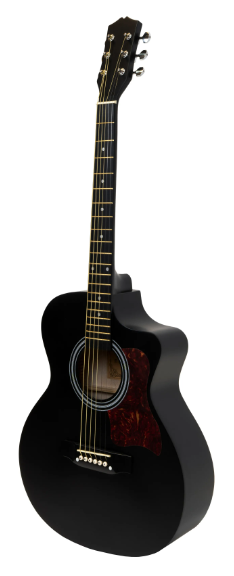 Czarna gitara akustyczna z sześcioma strunami i płytką ochronną.