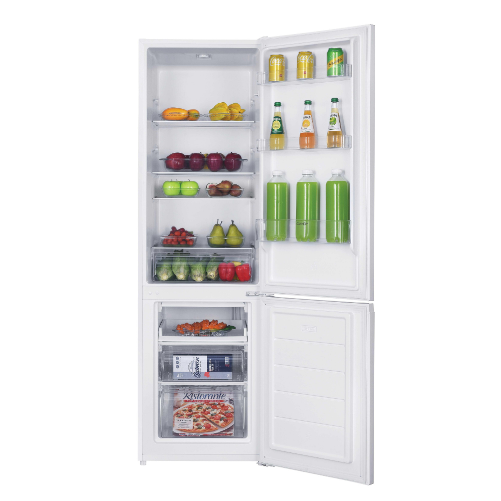 Un refrigerador abierto con alimentos: frutas, verduras, bebidas, pizza, pescado.