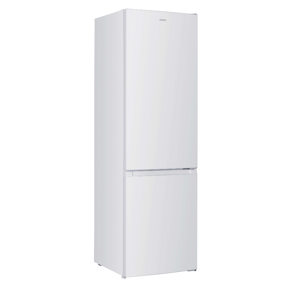 Un refrigerador blanco marca Candy con compartimento congelador arriba.