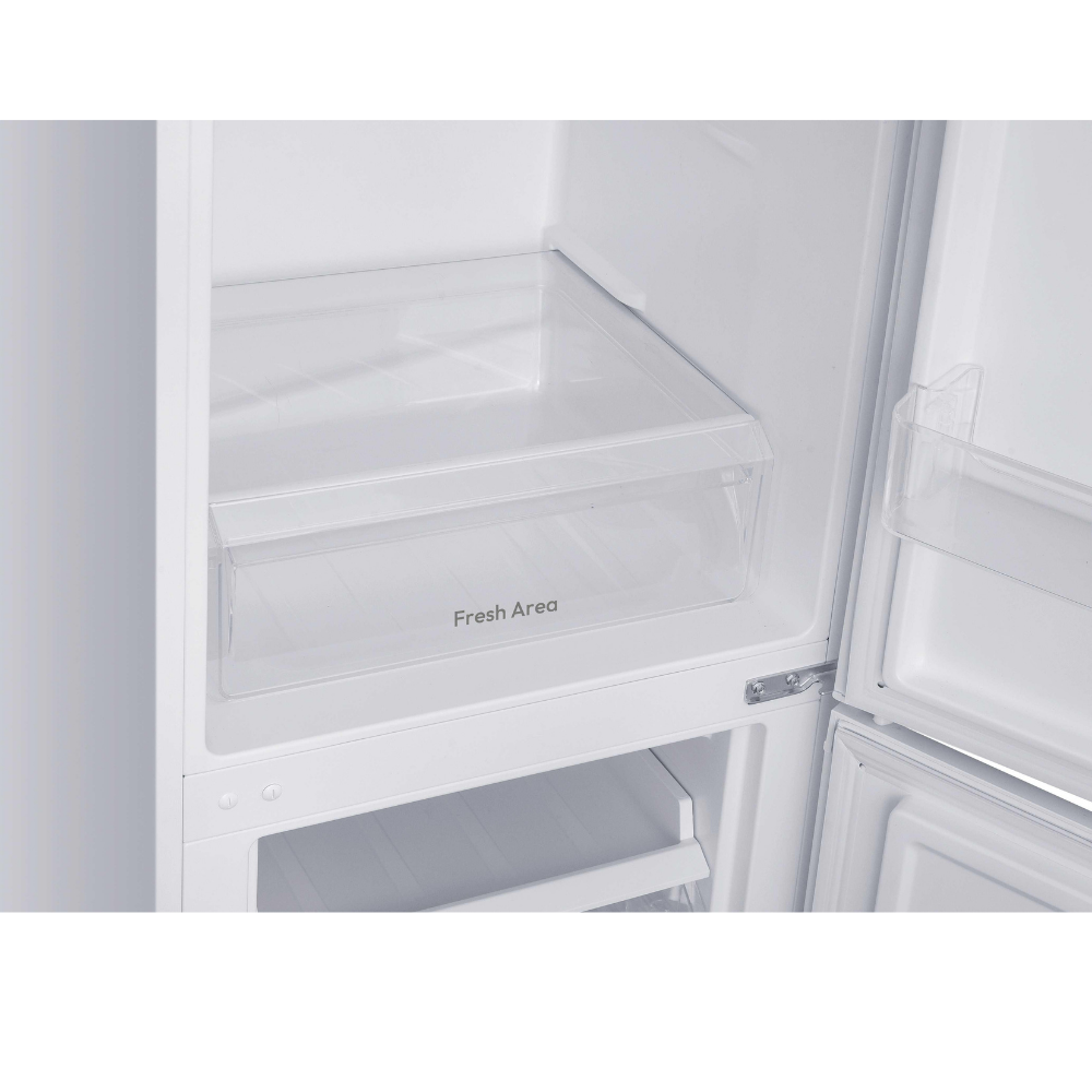 Interior vacío de un refrigerador que muestra un cajón etiquetado "Fresh Area".