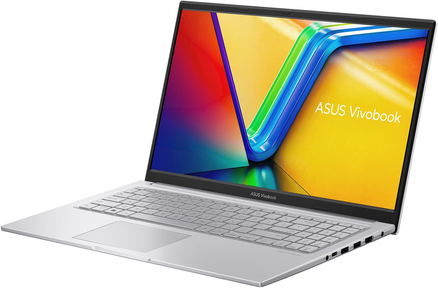 Egy nyitott ezüst ASUS Vivobook laptop színes háttérképpel a képernyőjén.