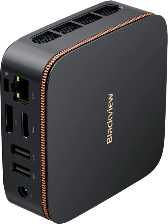 Fekete mini PC réz díszítéssel, portokkal és szellőzőnyílásokkal.