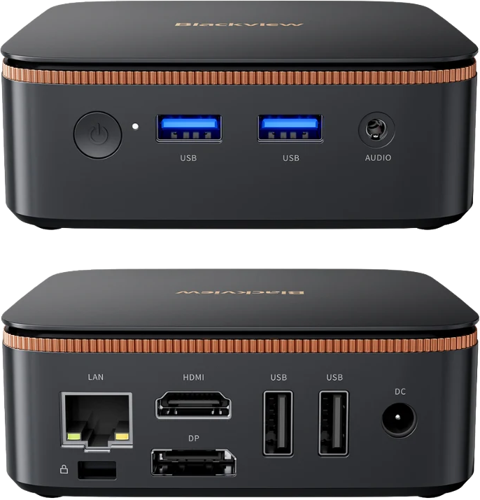 Fekete mini PC réz díszítéssel, elöl- és hátulnézet. Csatlakozók: USB, Audio, LAN, HDMI, DP, DC.