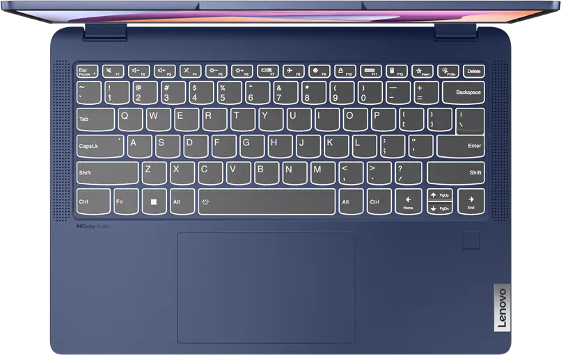 Kék laptop nyitott képernyővel. A billentyűzet és az érintőpad látható.