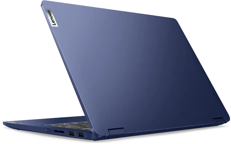 Egy kék Lenovo laptop nyitva van, látható a billentyűzet és a portok.