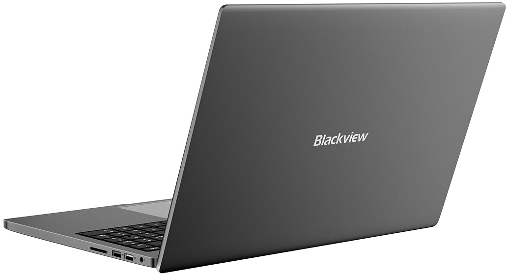 Egy zárt, szürke laptop, fedelén a Blackview logóval.