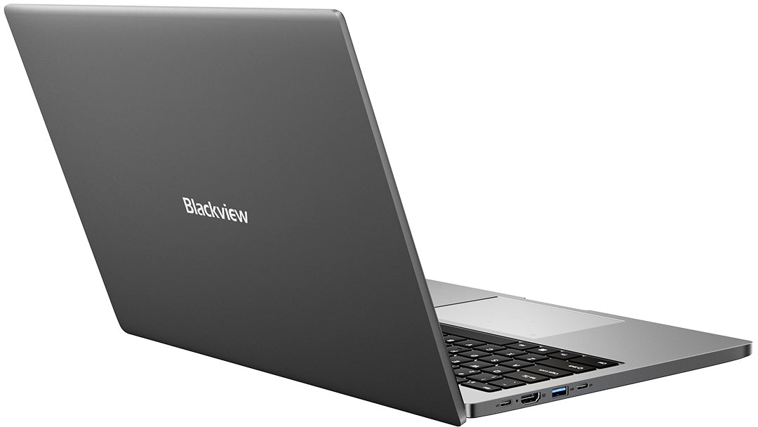 Egy szürke Blackview laptop nyitott képernyővel, amelyen a billentyűzet látszik.
