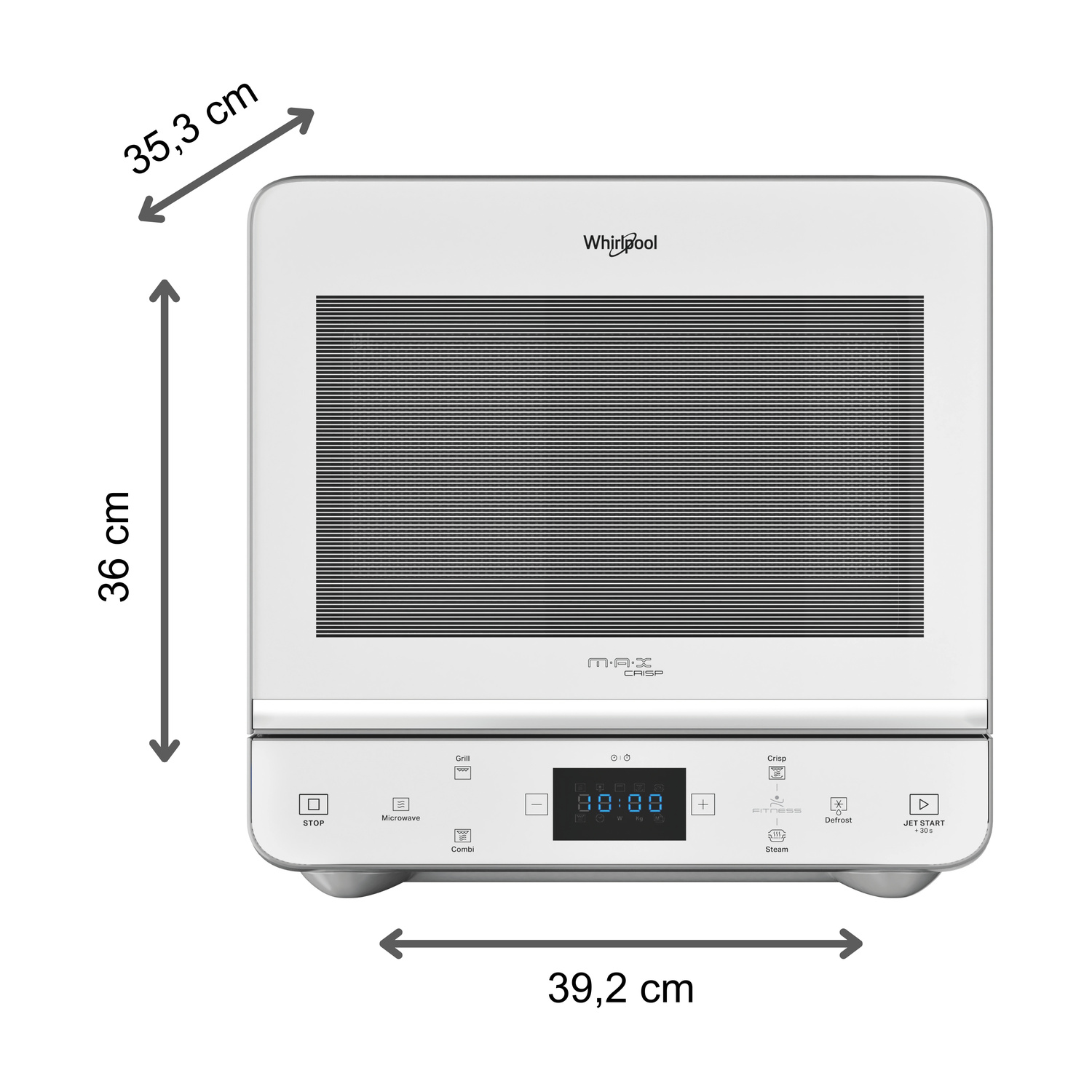 Forno a microonde bianco Whirlpool con controlli digitali e dimensioni.