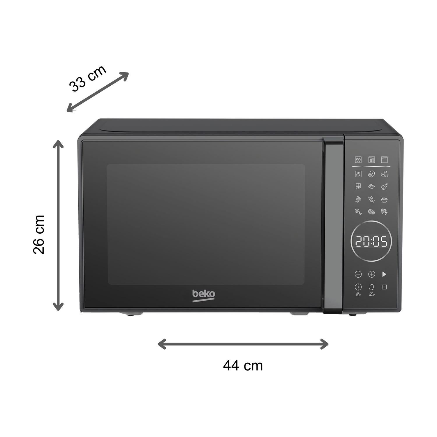 Forno a microonde nero con controlli digitali ed etichette dimensionali.