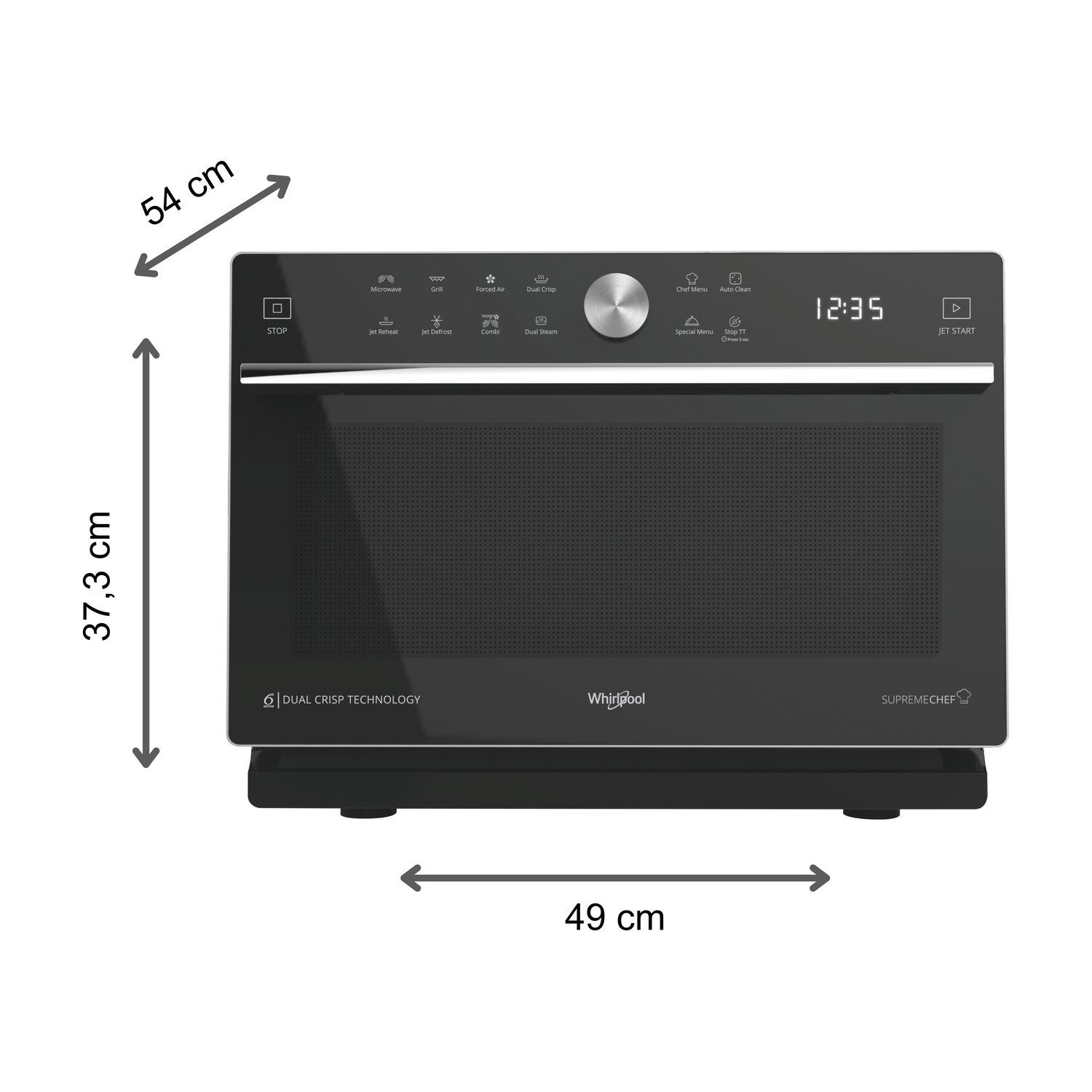 Forno a microonde nero con display, controlli e dimensioni.