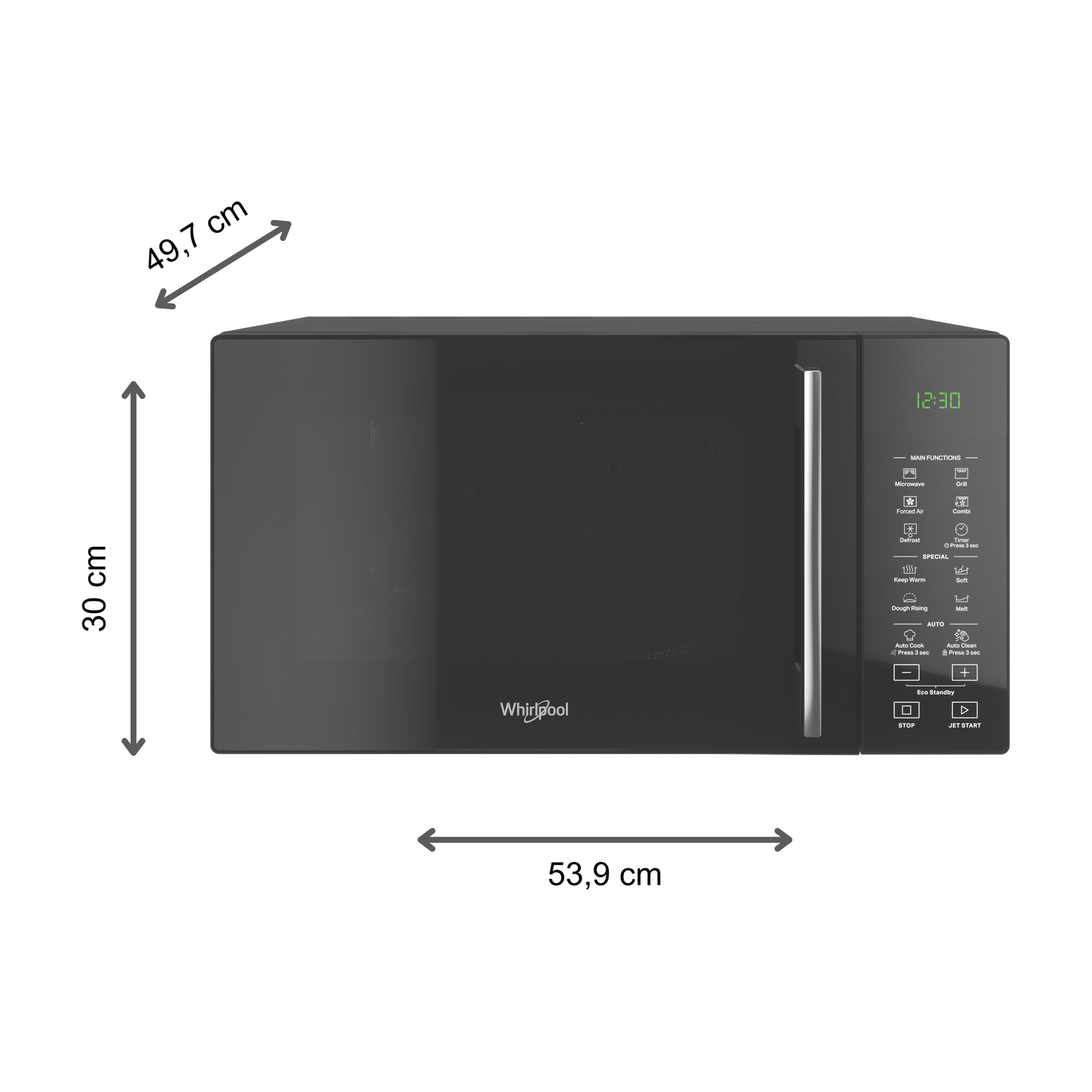 Forno a microonde Whirlpool nero con display digitale e pannello di controllo. Dimensioni indicate.