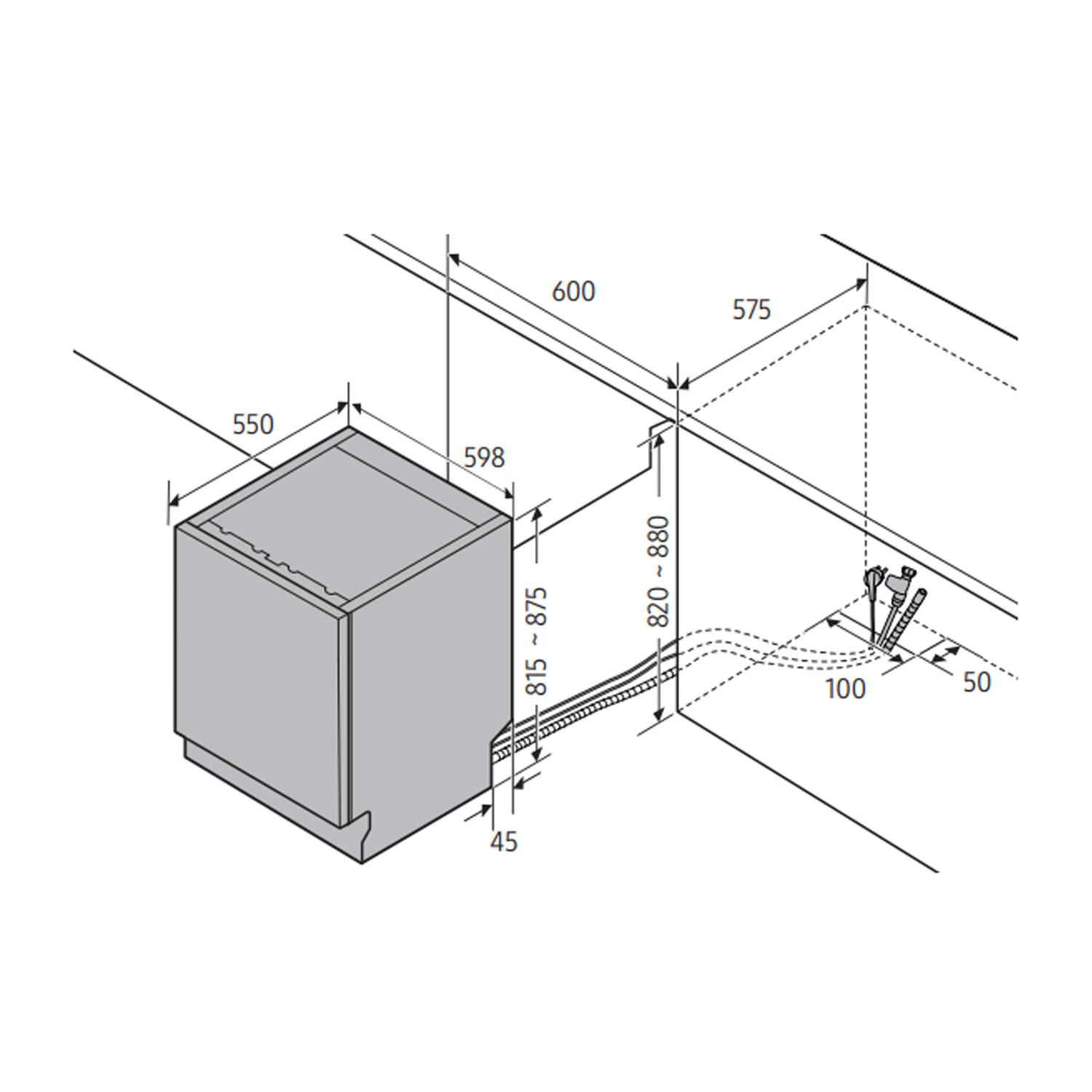 Diagramma che mostra le dimensioni e i collegamenti dell'apparecchio. Include misurazioni.