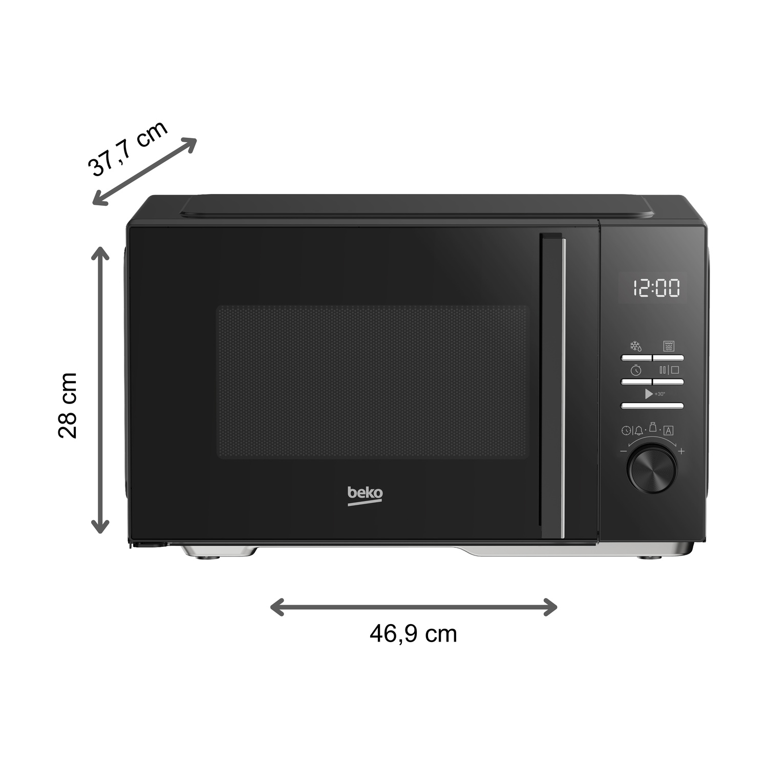 Forno a microonde nero con controlli digitali e dimensioni.