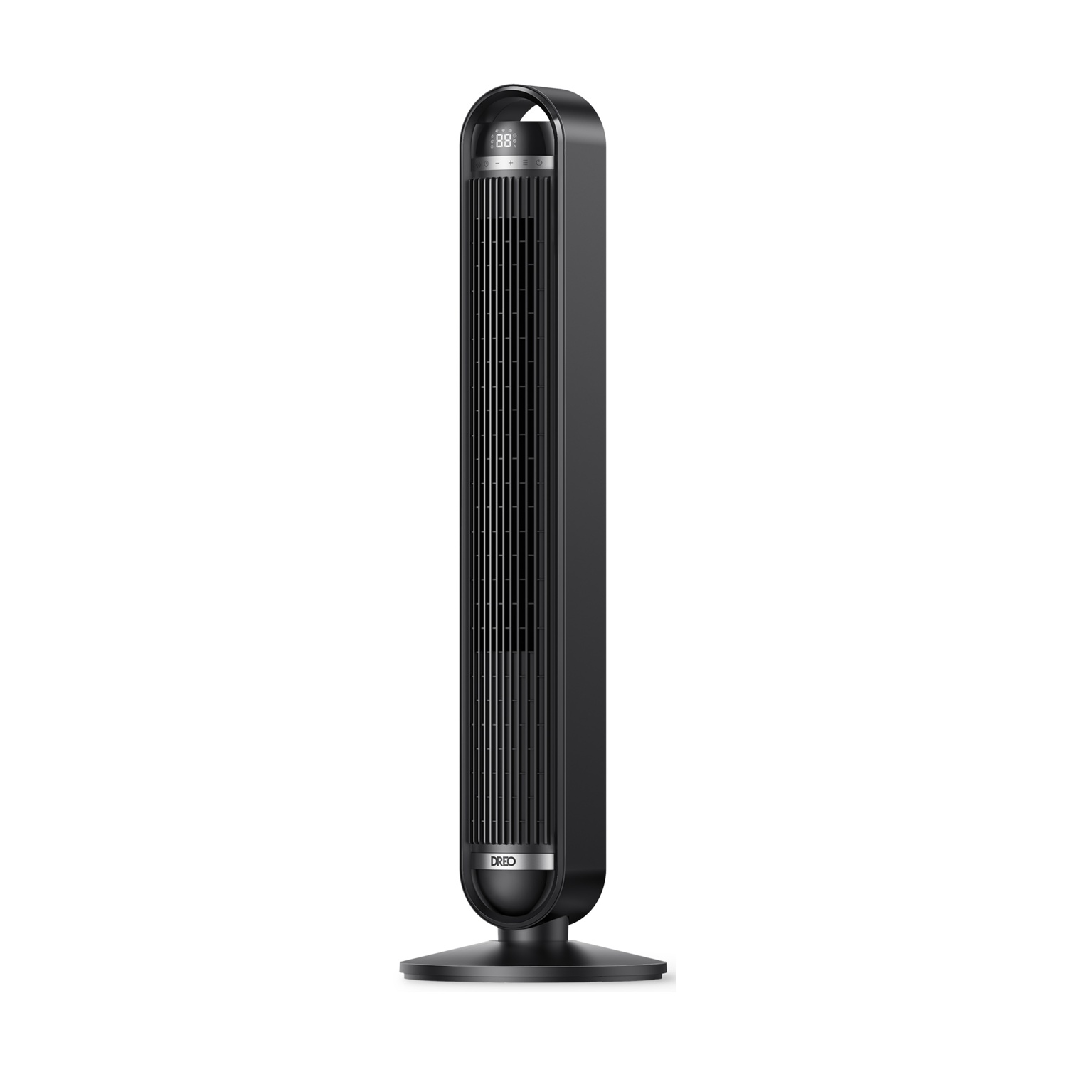 Un'elegante ventola a torre nera con display digitale e base rotonda.