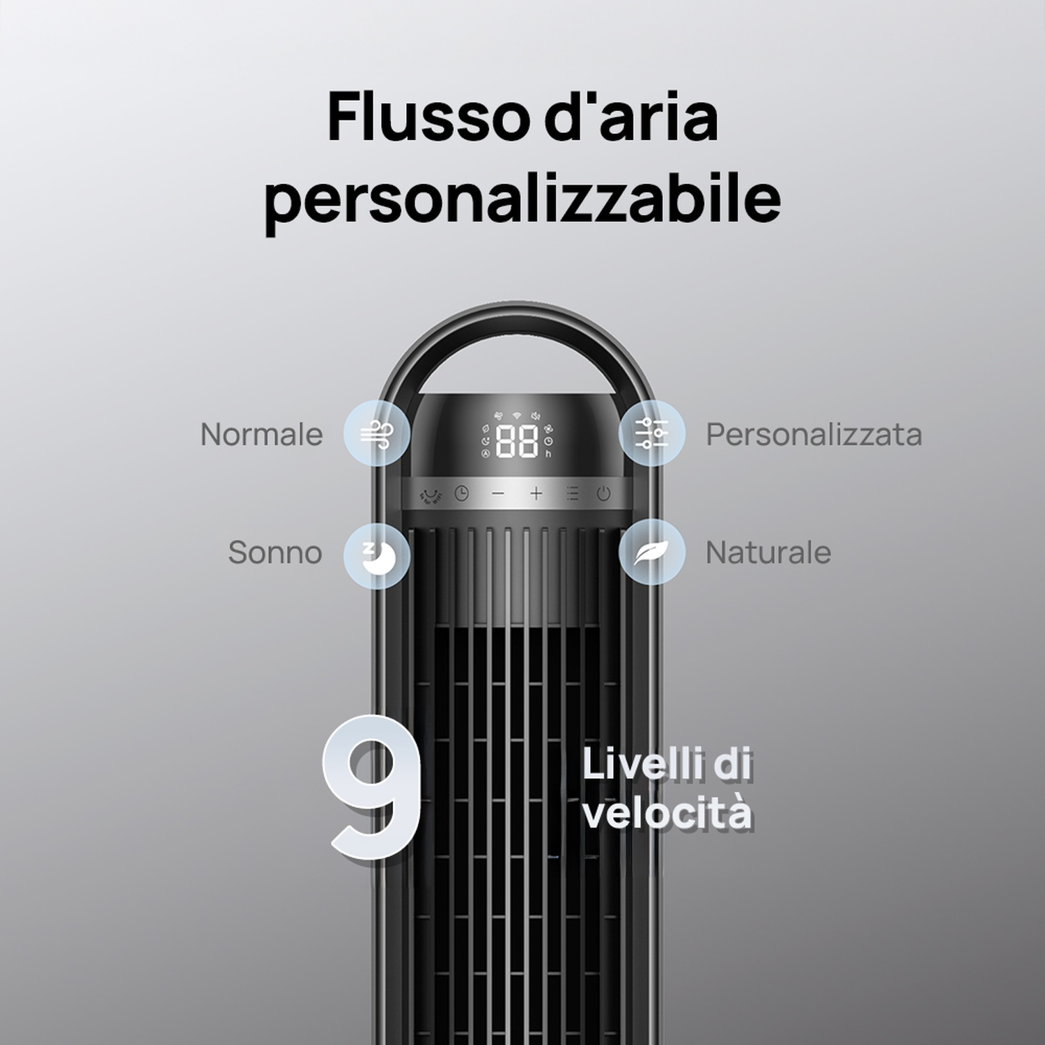 Un'elegante ventola a torre nera mostra 9 livelli di velocità e modalità: Normale, Sonno, Personalizzato e Naturale.
