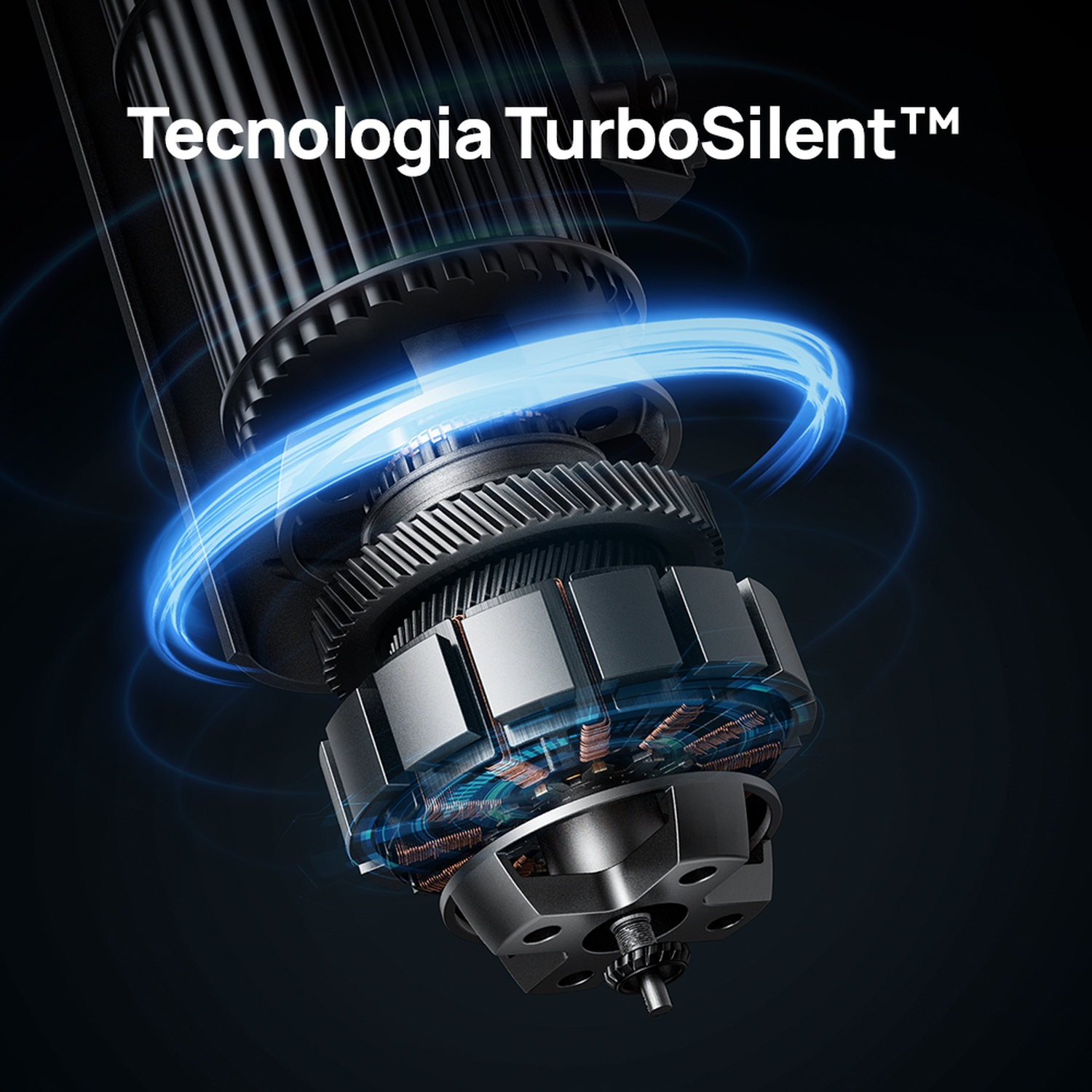 Primo piano di un motore con energia blu che turbina intorno.