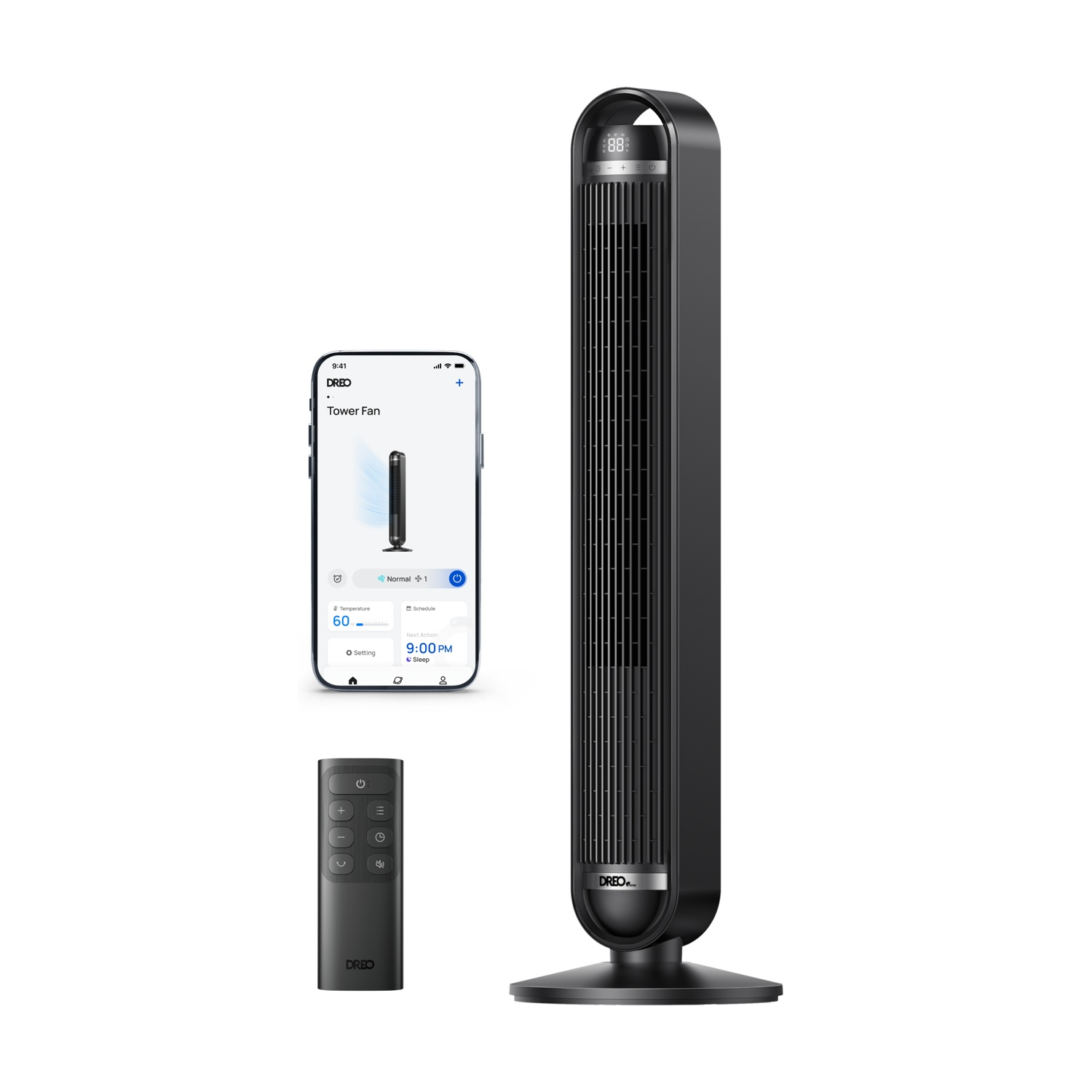 Ventilatore a torre nero con telecomando e display app per smartphone.