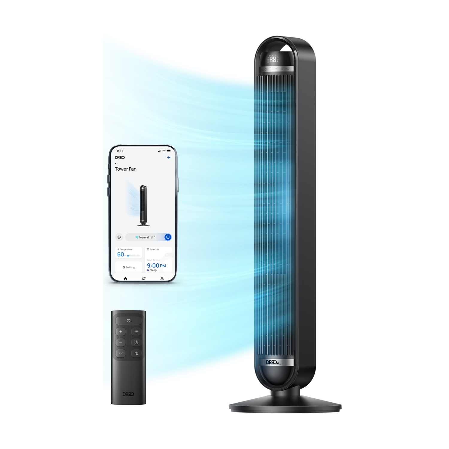 Un'elegante ventola a torre nera con telecomando e app.