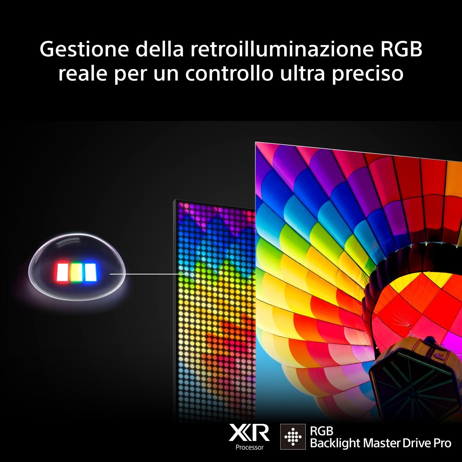 Un elemento LED RGB controlla un'immagine dettagliata di una mongolfiera colorata.