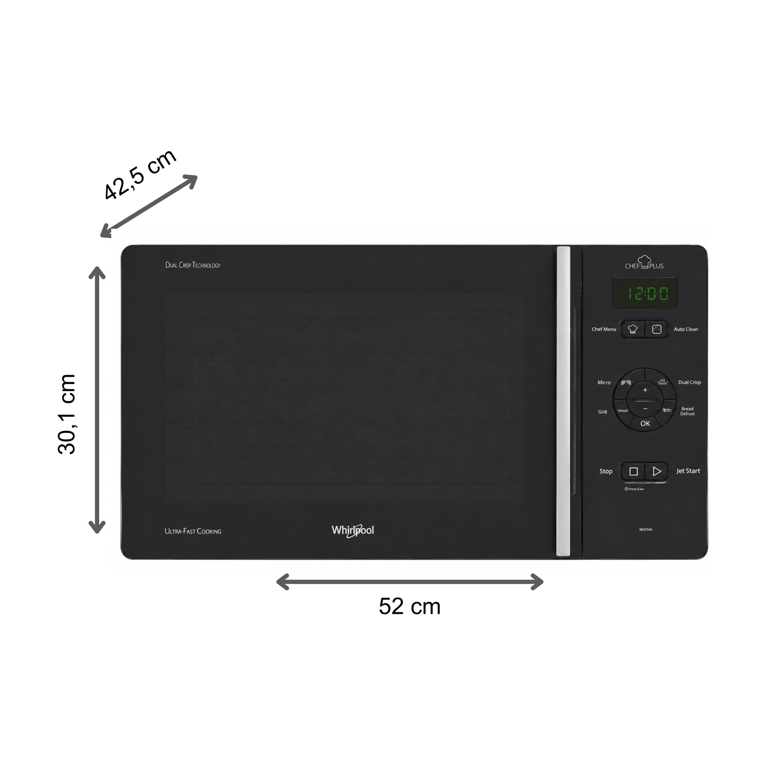 Forno a microonde Whirlpool nero, 52cm largo, 30.1cm alto, 42.5cm profondo. Display digitale mostra 12:00.