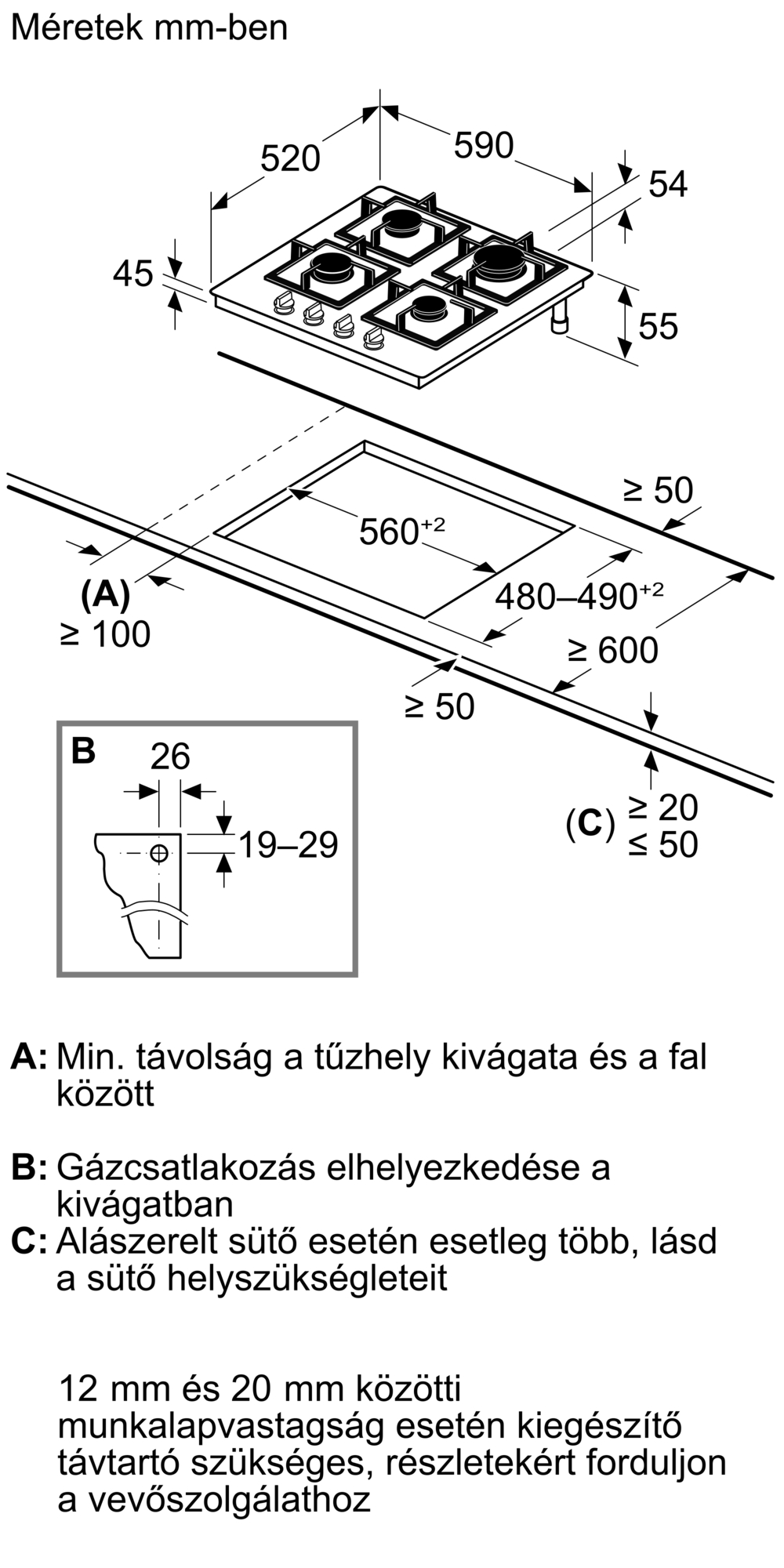 Gáztűzhely műszaki rajza méretekkel és beépítési adatokkal.