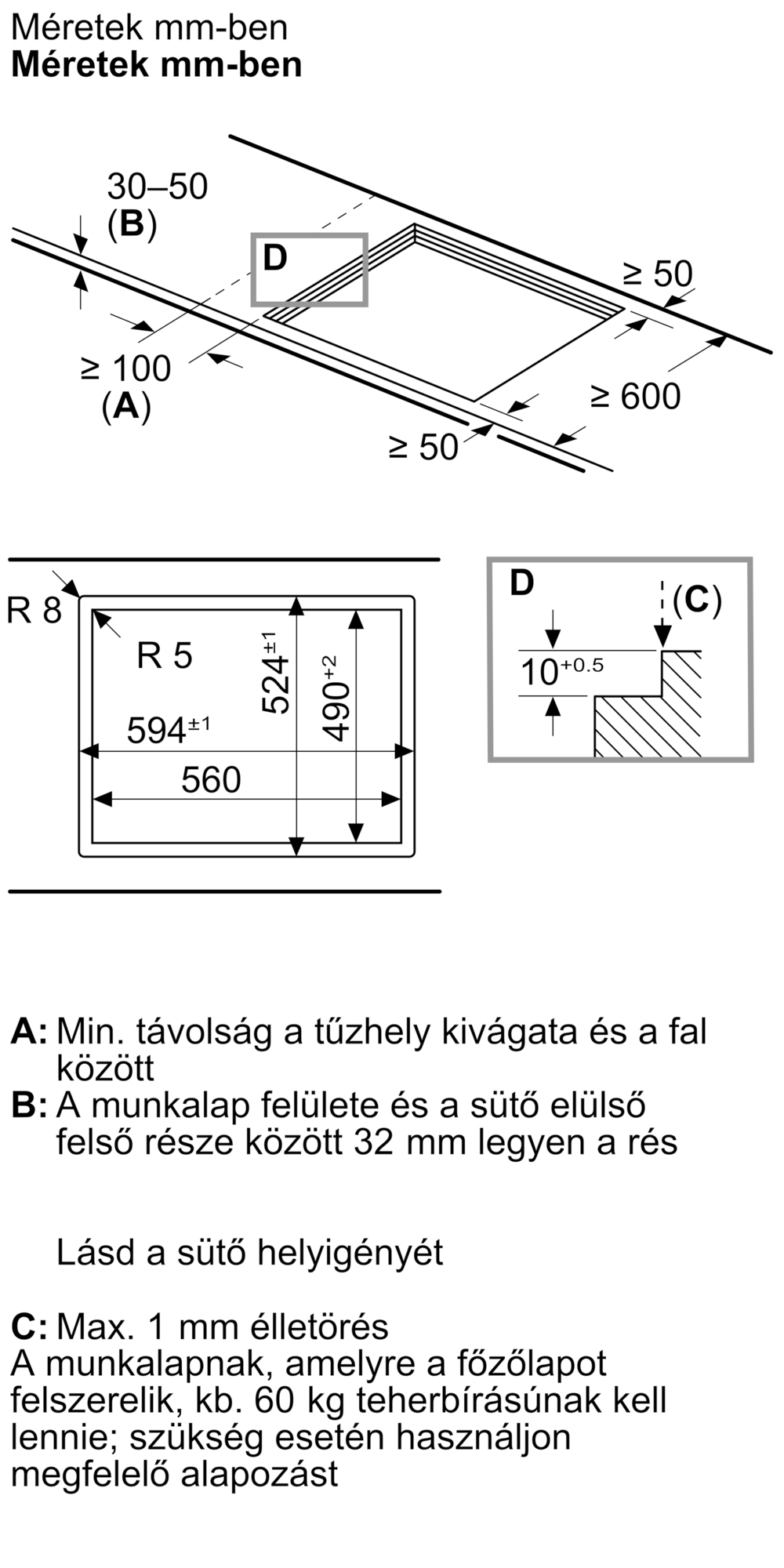 Műszaki rajz beépíthető készülékekhez, méretek mm-ben.