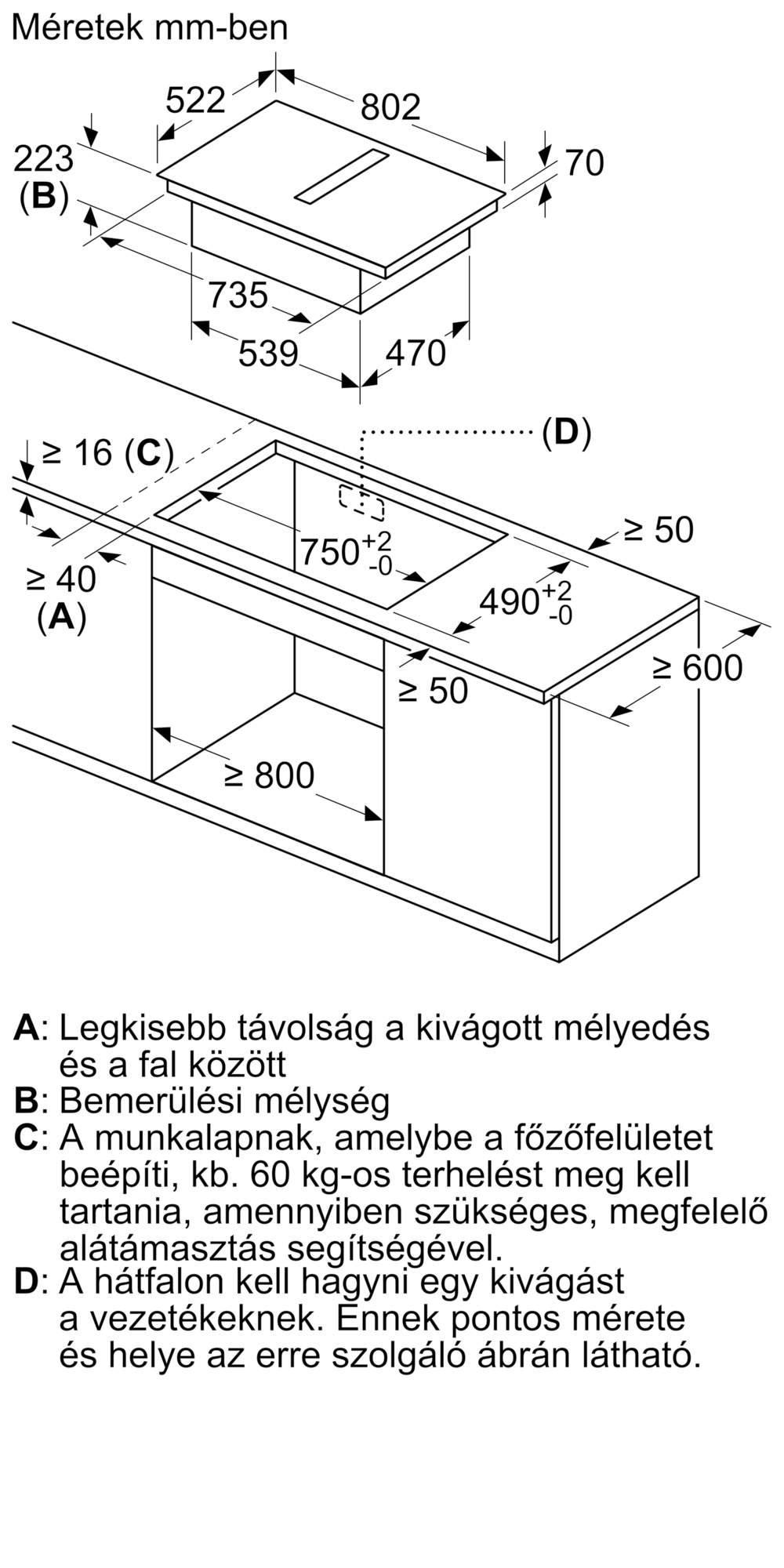 Műszaki rajz mm-es méretekkel beépíthető készülékekhez.