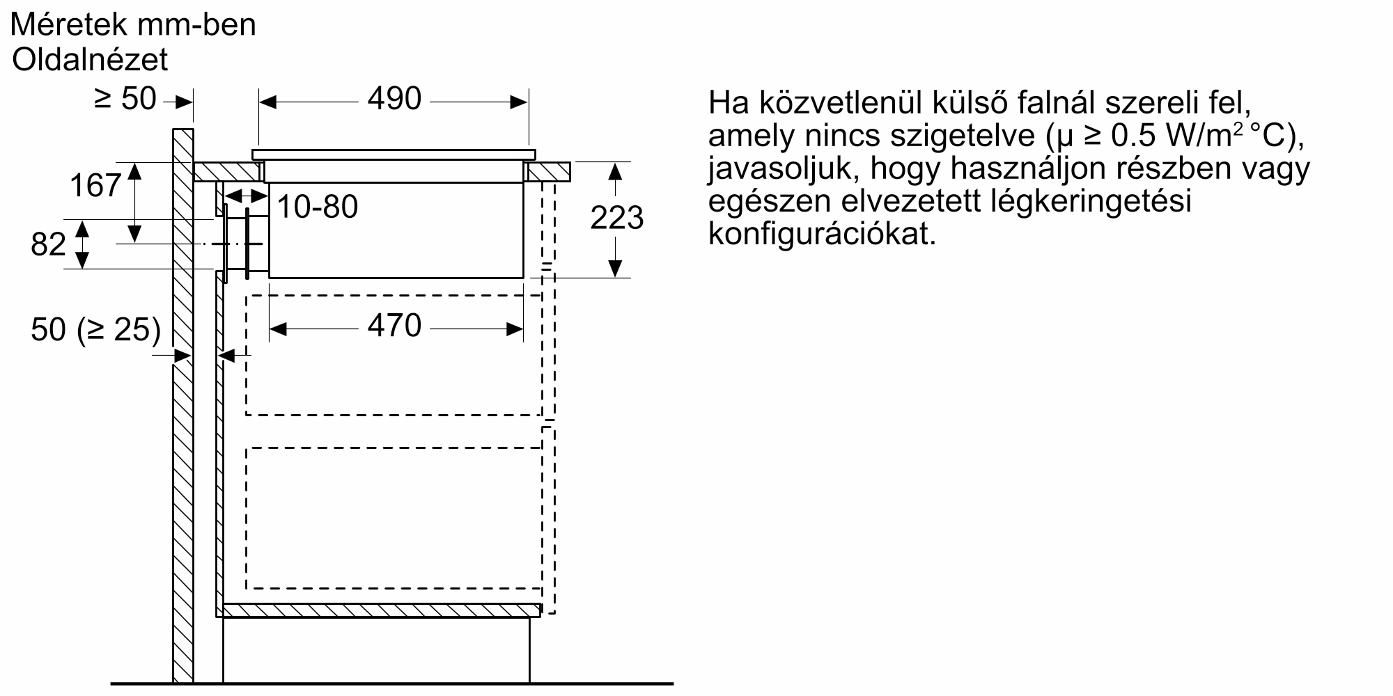 Méretek mm-ben, oldalnézet. Magyar nyelvű szöveg.
