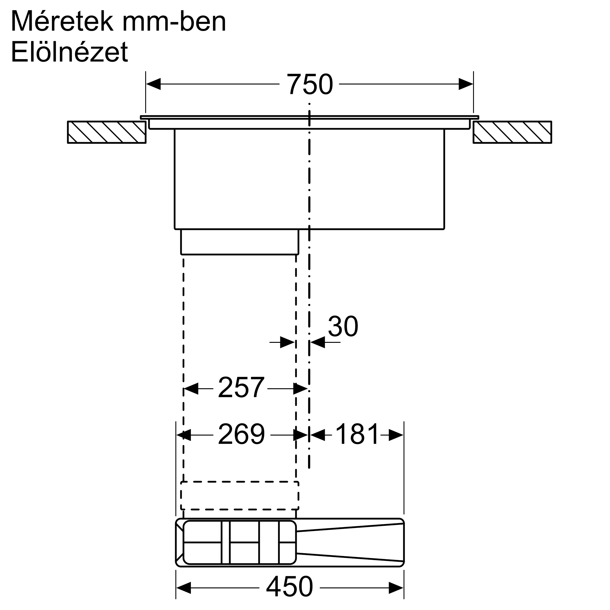 Műszaki rajz mm-ben méretezve. Egy eszköz elölnézete.
