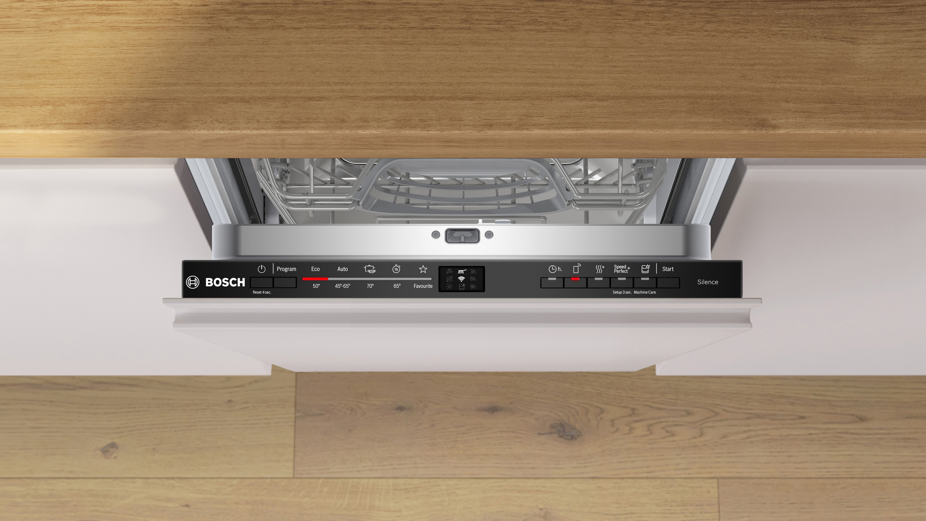 Bosch mosogatógép kezelőpanel programokkal és beállításokkal.