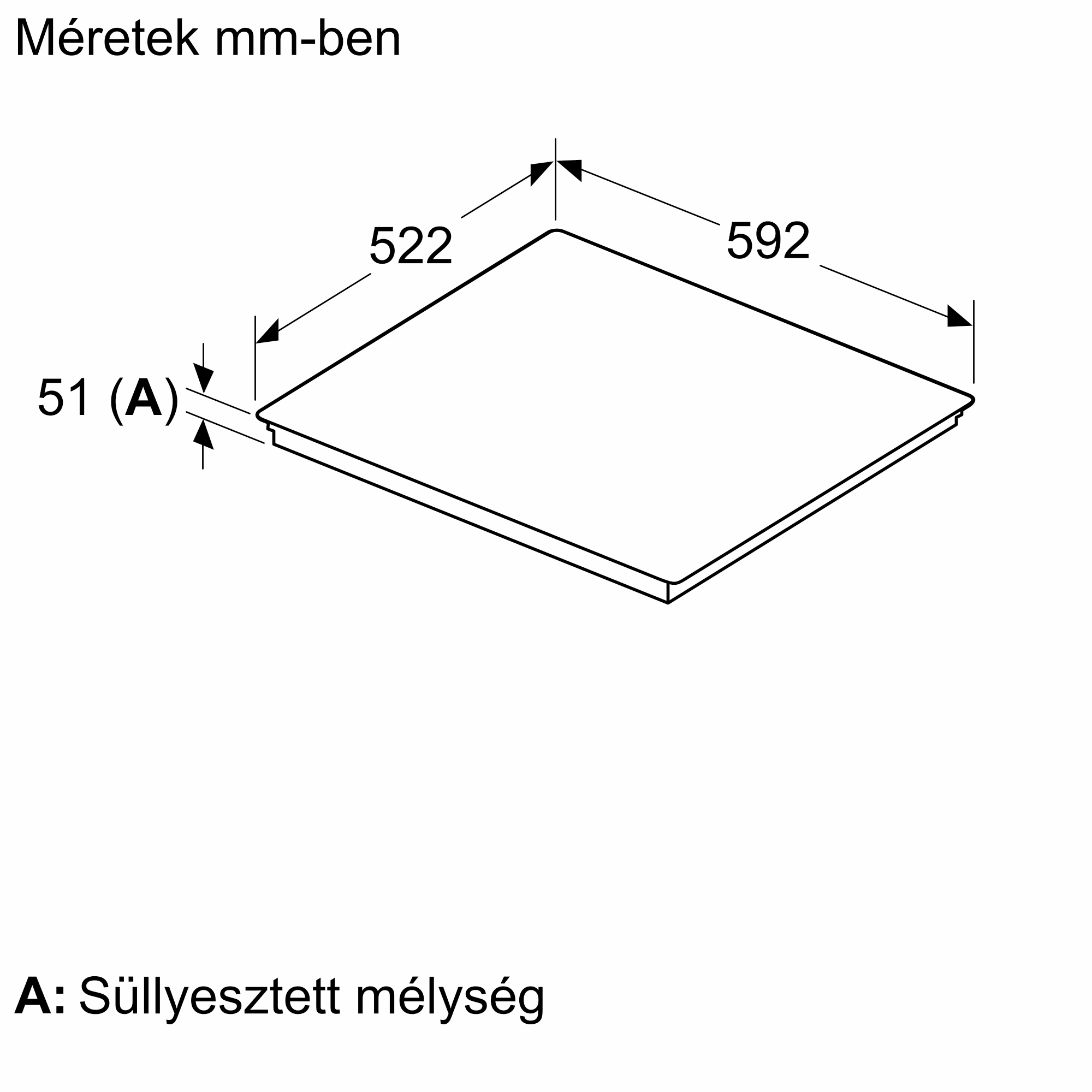 Műszaki rajz 522x592 mm méretekkel és 51 mm mélységgel.