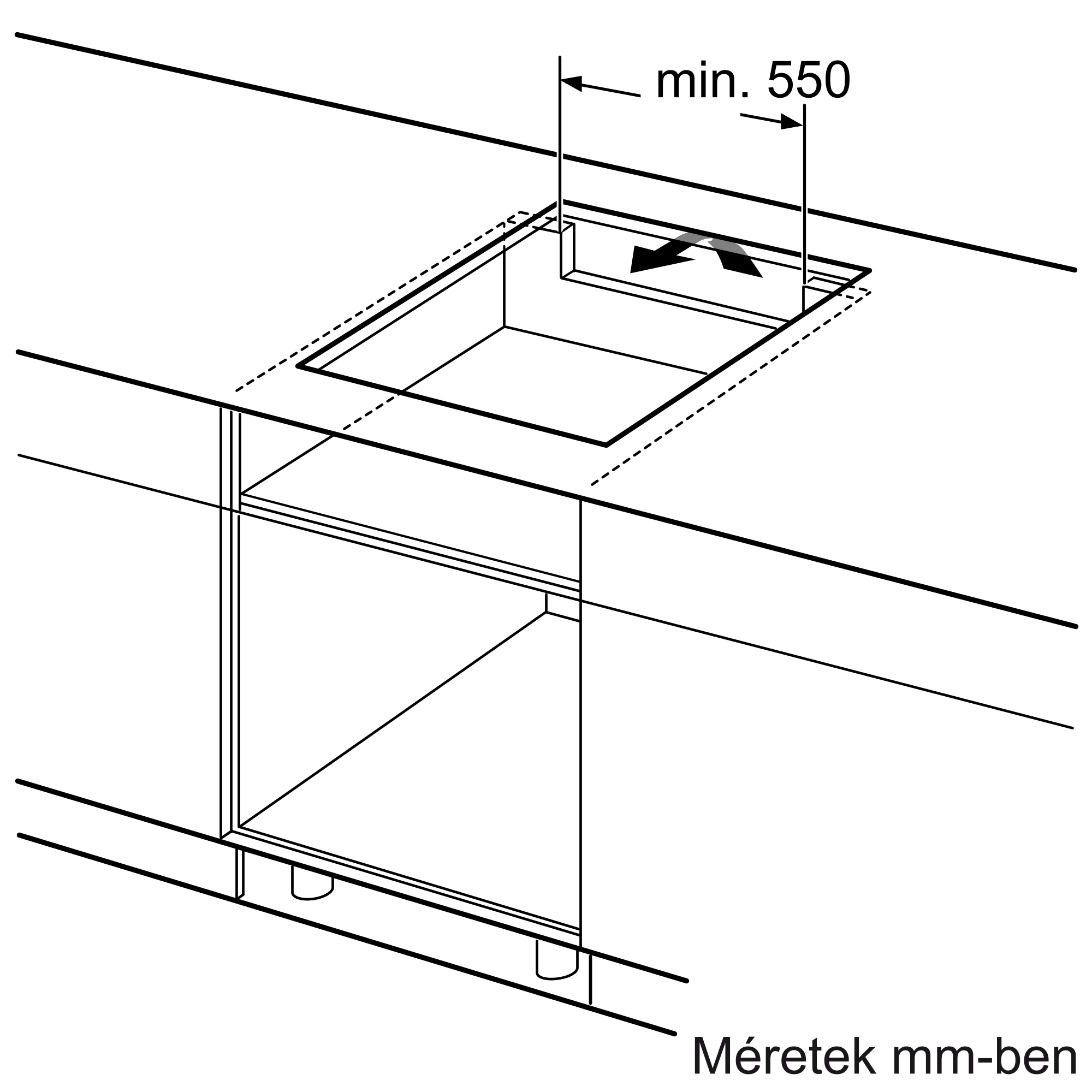 Főzőlap beépítési rajza 550 mm minimális mérettel.