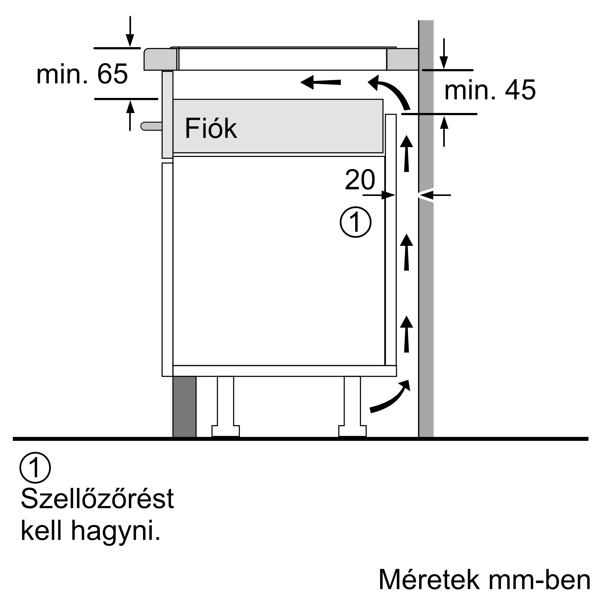 Műszaki rajz szellőzőrések és fiók méretekkel.