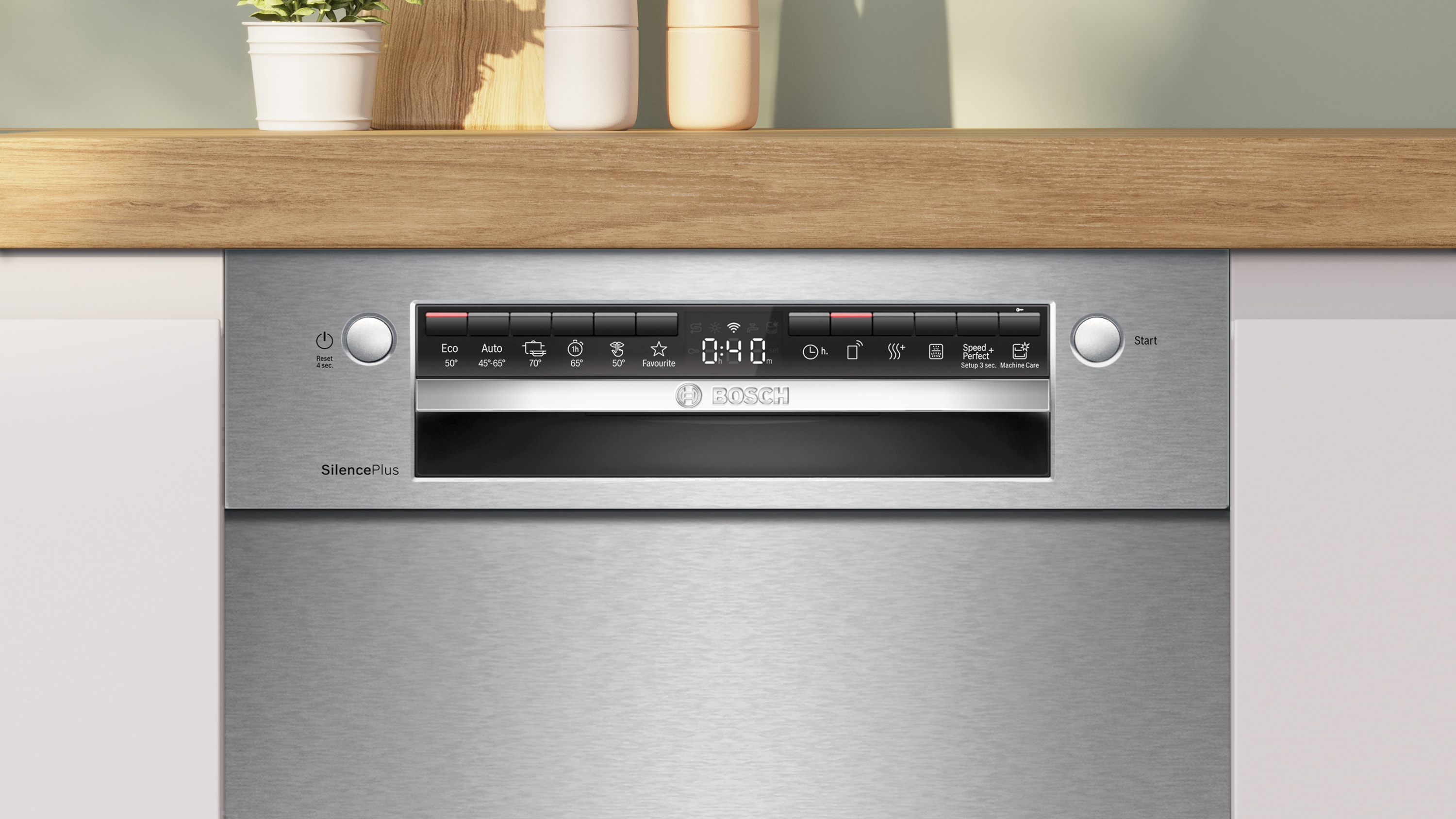 Elegáns Bosch mosogatógép kezelőpanel, különböző programokkal és digitális kijelzővel.