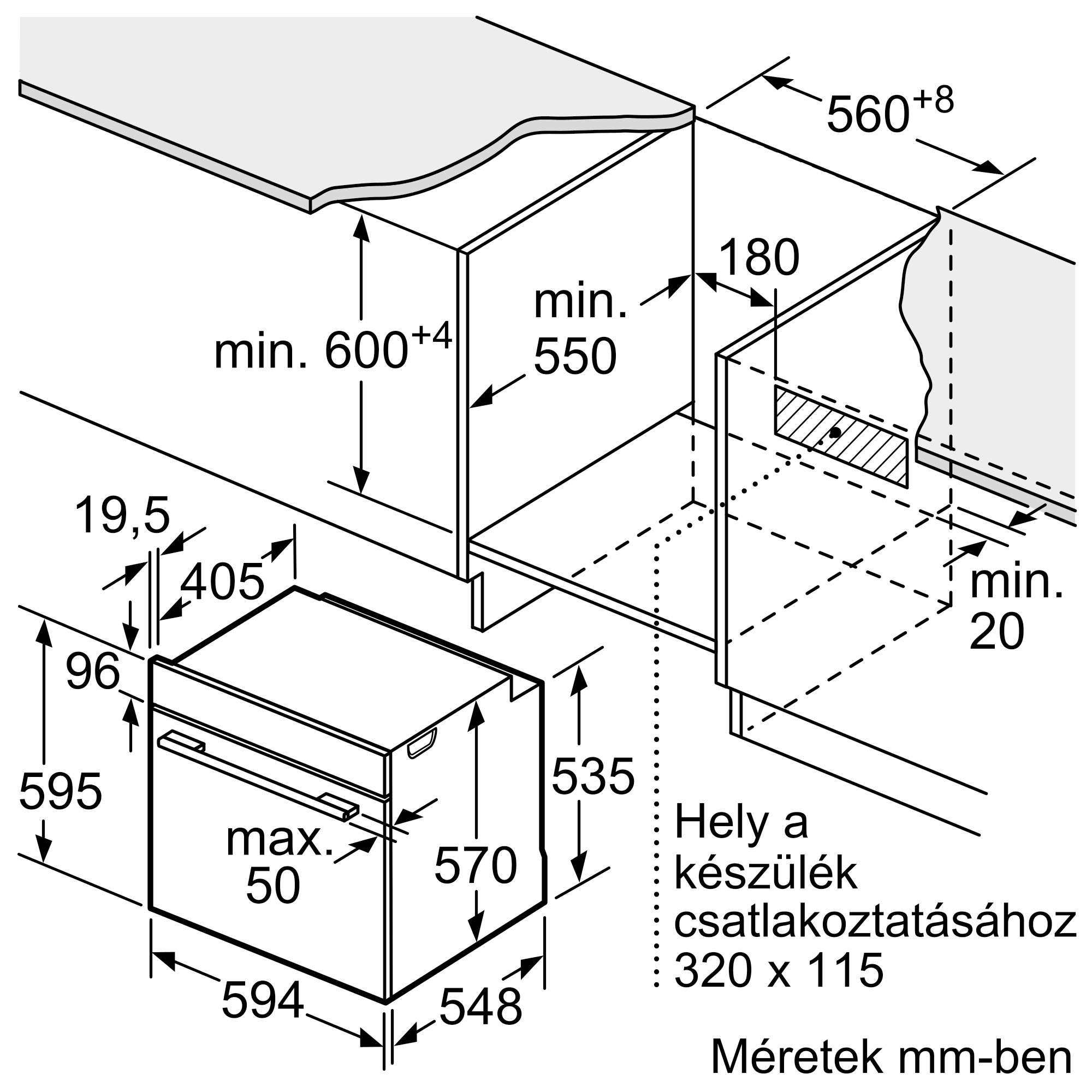Egy készülék beépítési rajza mm-ben megadott méretekkel. Beépítési magasságokat és szélességeket mutat.