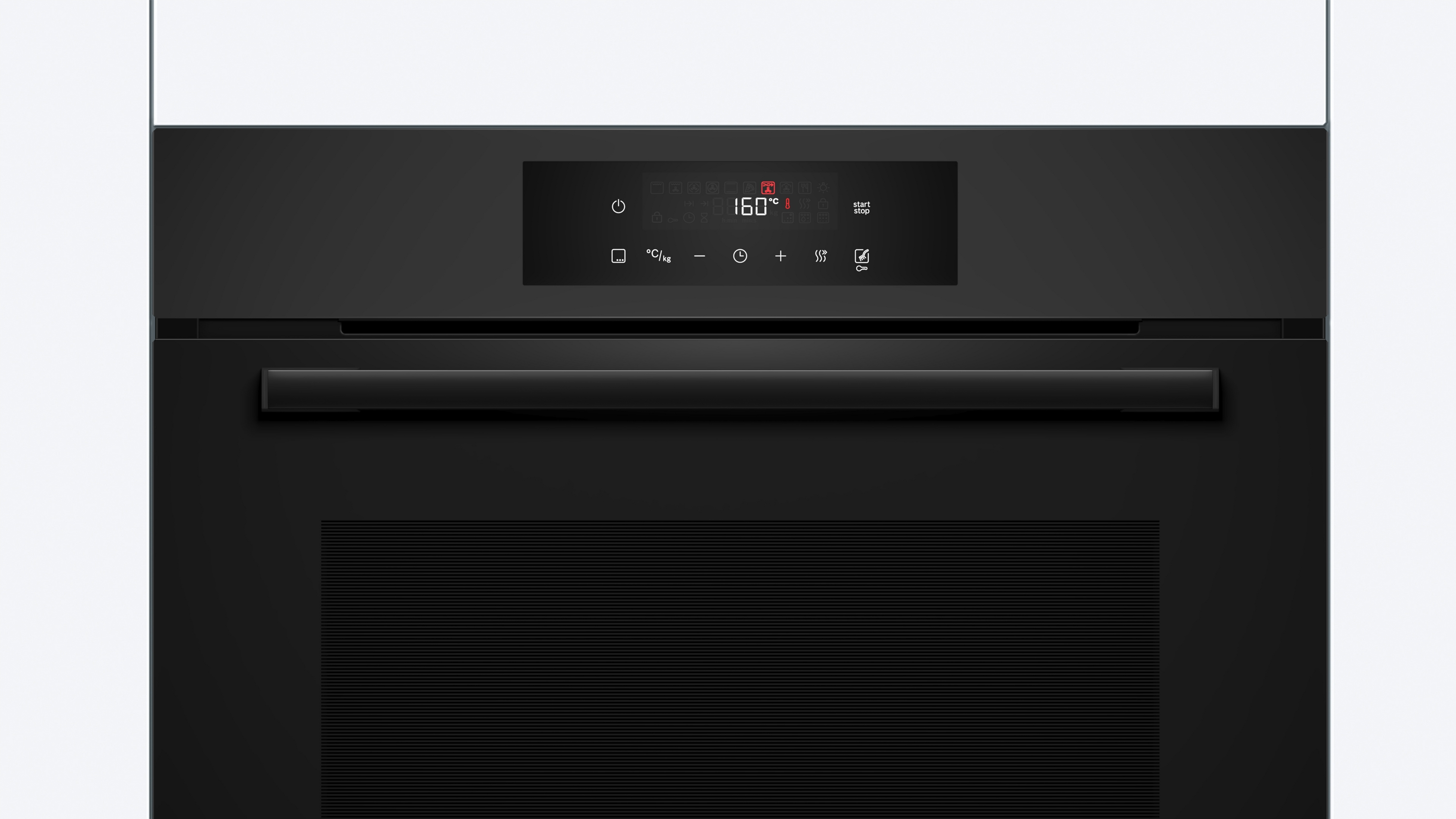 Modern fekete sütő digitális kijelzővel, 160°C-ot mutat.