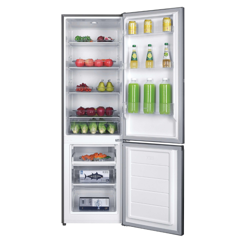 Refrigerador abierto lleno de frutas, verduras, bebidas y comida congelada.