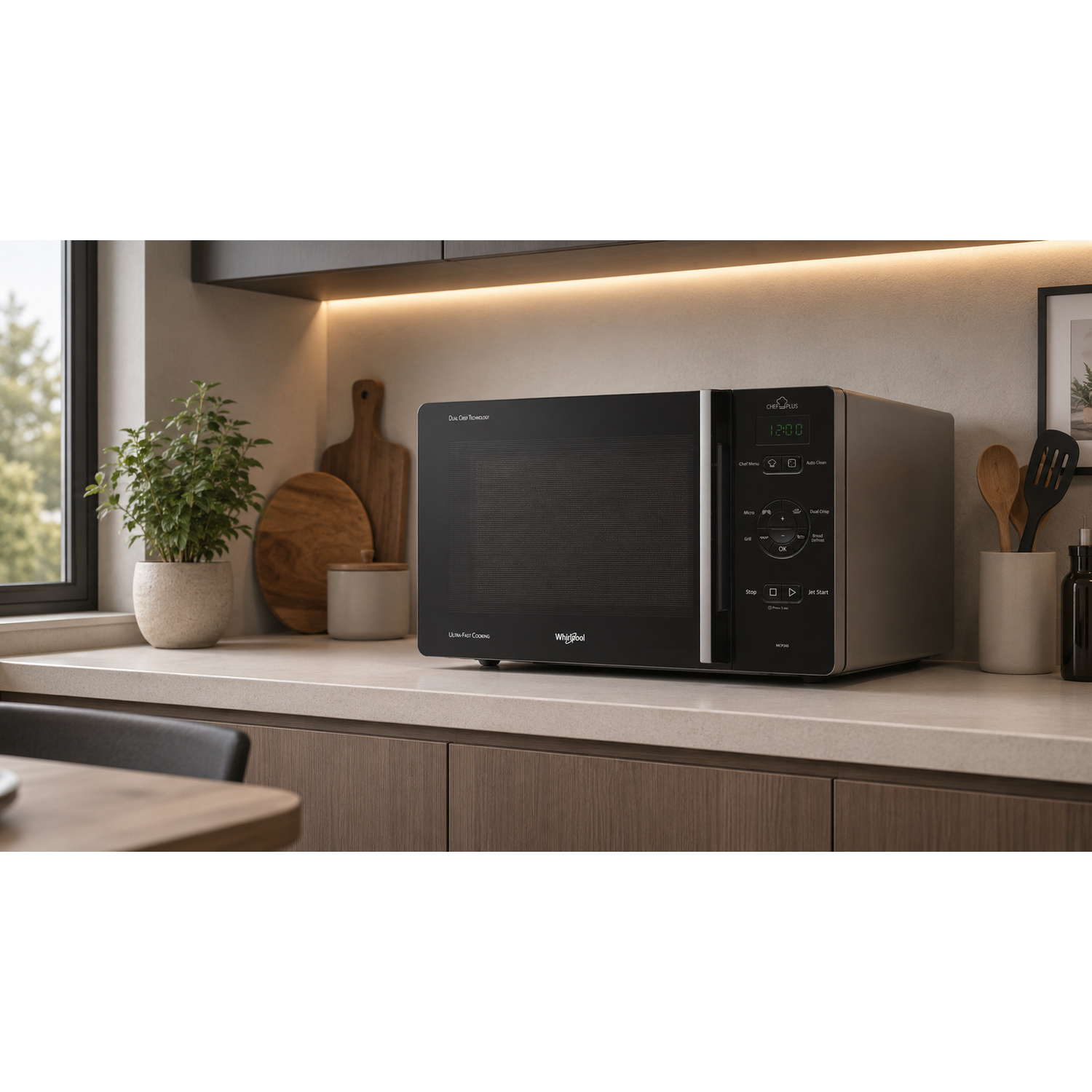 Un forno a microonde Whirlpool nero poggia su un piano di lavoro con accenti in legno.