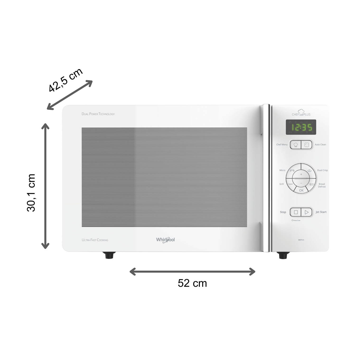 Forno a microonde bianco Whirlpool con dimensioni: 42,5 cm, 30,1 cm, 52 cm.