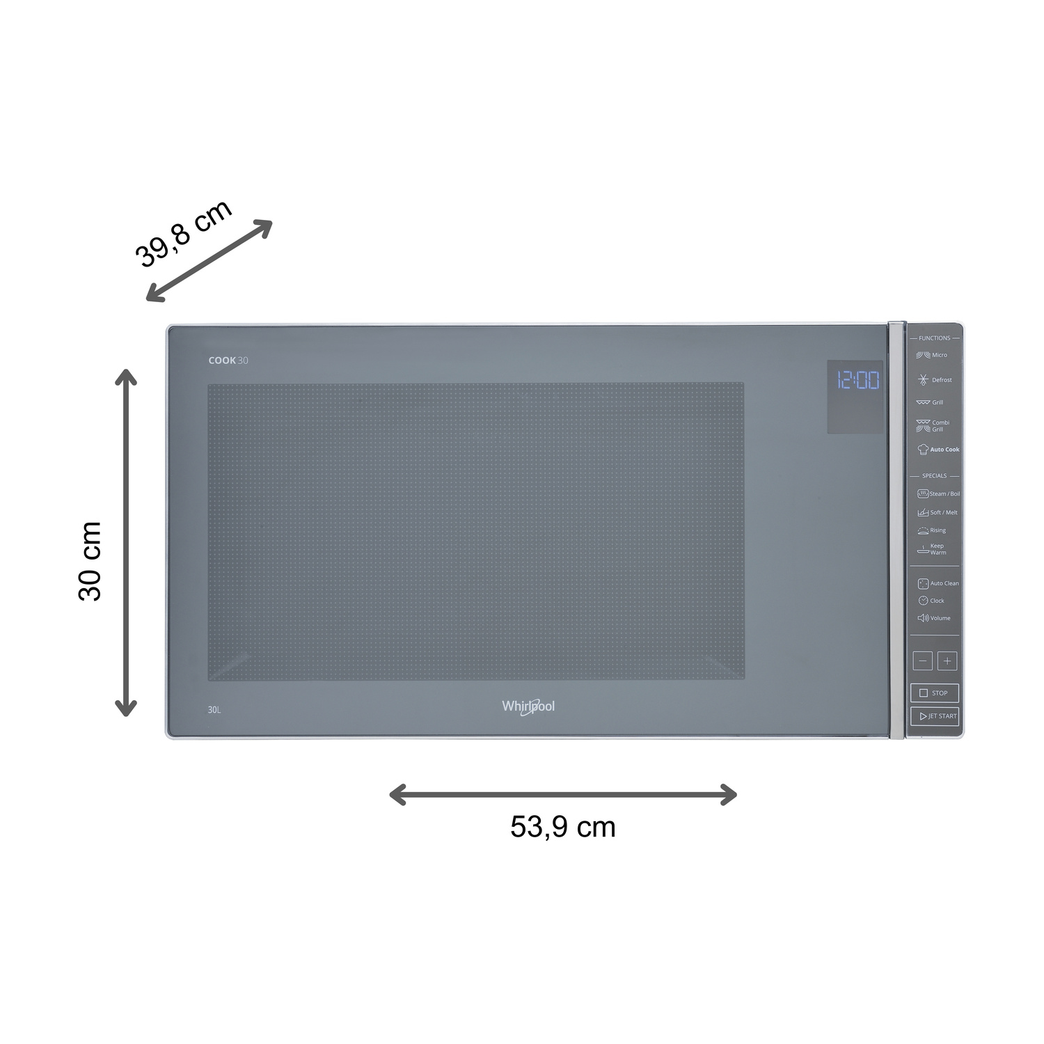 Forno a microonde grigio con dimensioni 53,9 x 39,8 x 30 cm e display digitale.
