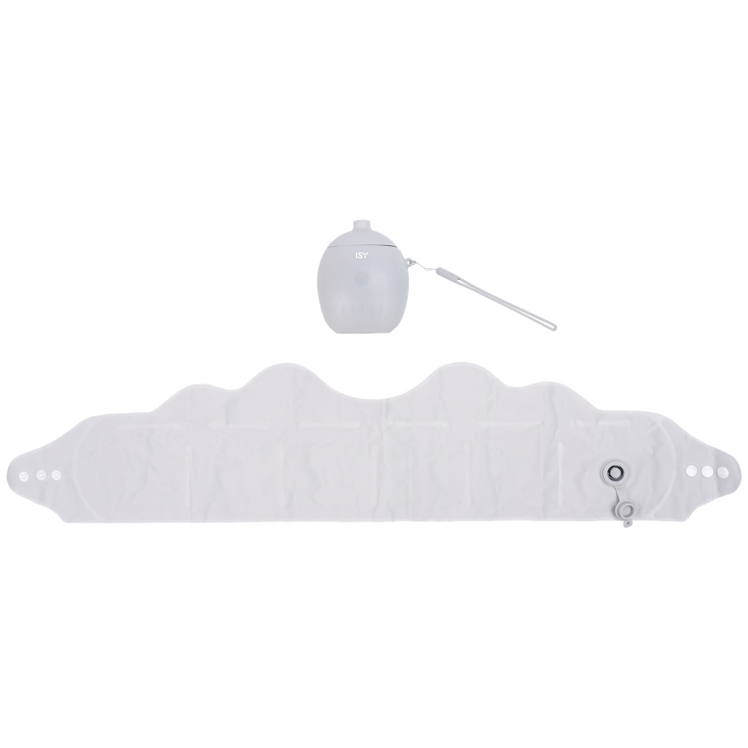 Een witte opblaasbare wolk-vormige mat en een klein grijs peulvormig apparaat met riem.